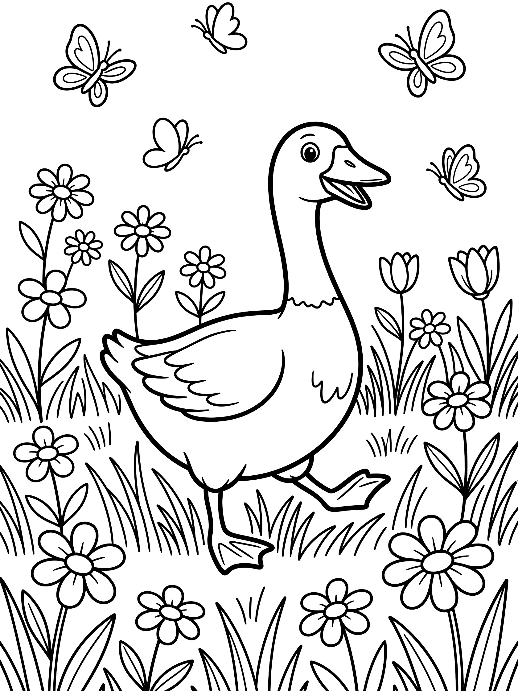 Black and white line art coloring page showing a smiling goose waddling through tall grass with flowers like daisies and tulips, and butterflies flying around.