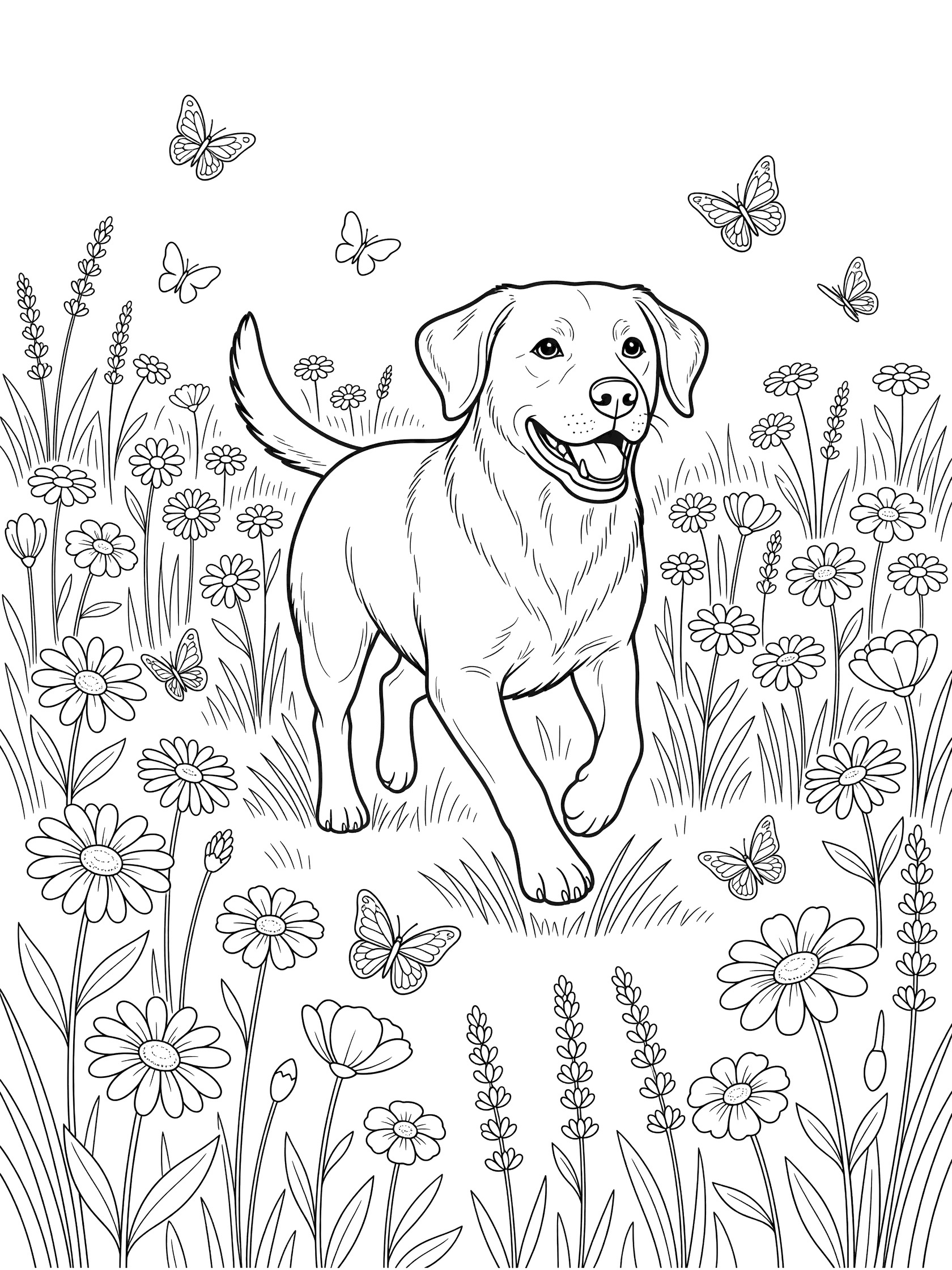 Black and white line art coloring page showing a Labrador Retriever dog running happily in a field of tall flowers and butterflies