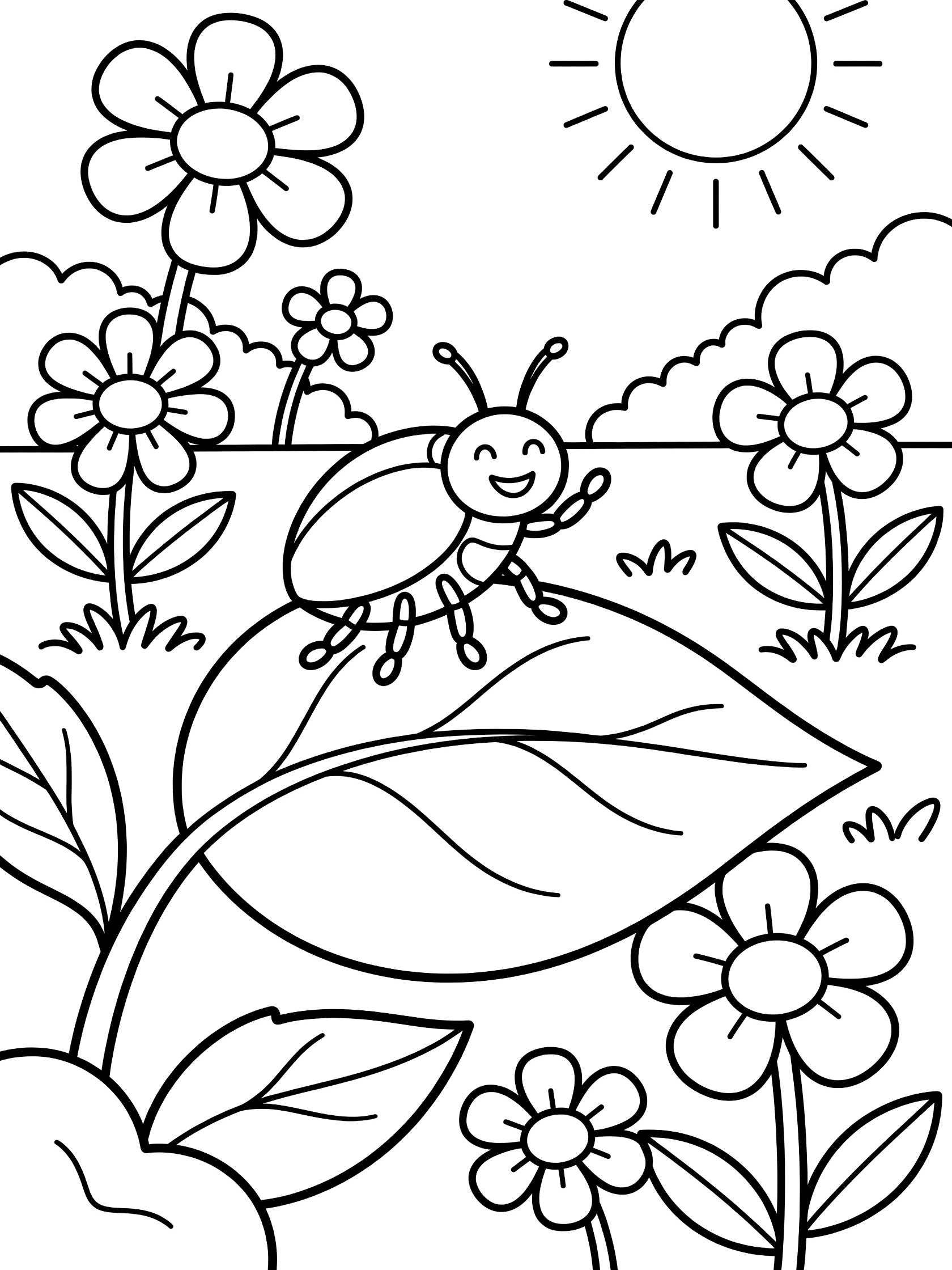 Black and white line art coloring page showing a cheerful ladybug with spots on a big leaf, surrounded by flowers, grass, clouds, and a bright sun. Beetle themed black and white printable line art