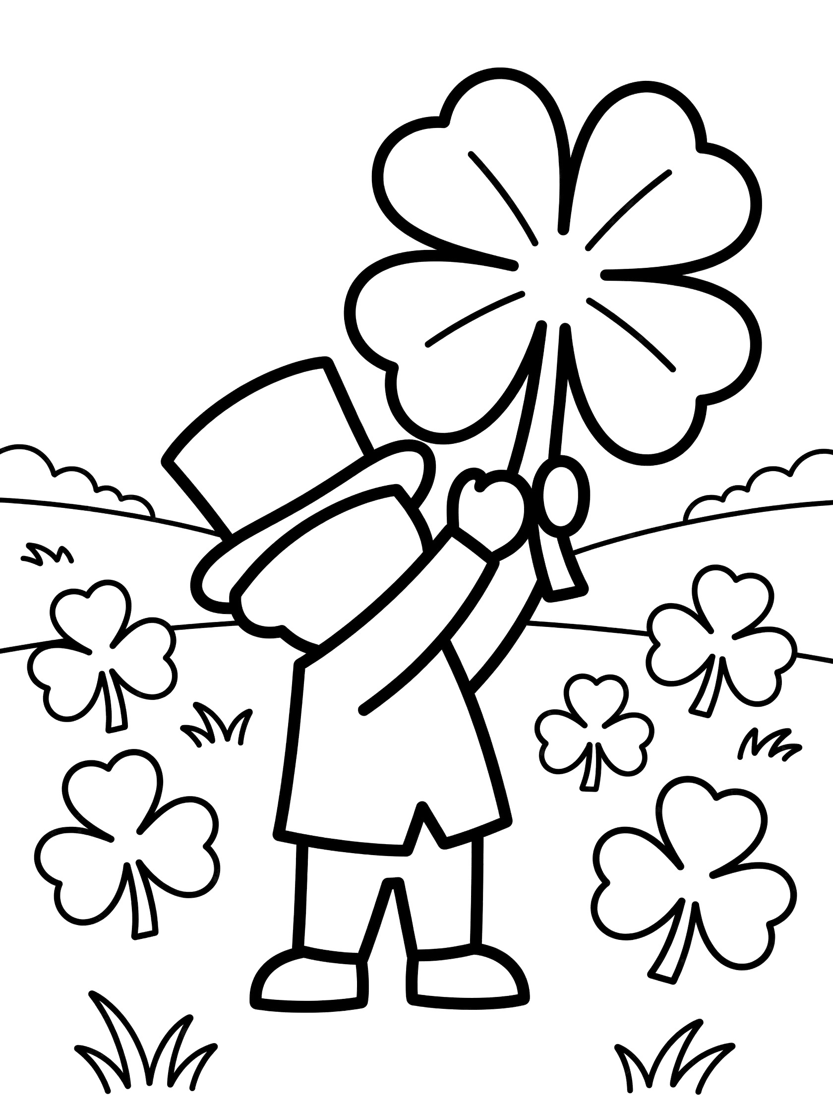 Simple line art coloring page showing a leprechaun in a tall hat and vest, proudly holding a large four-leaf clover surrounded by shamrocks in a sunny field.