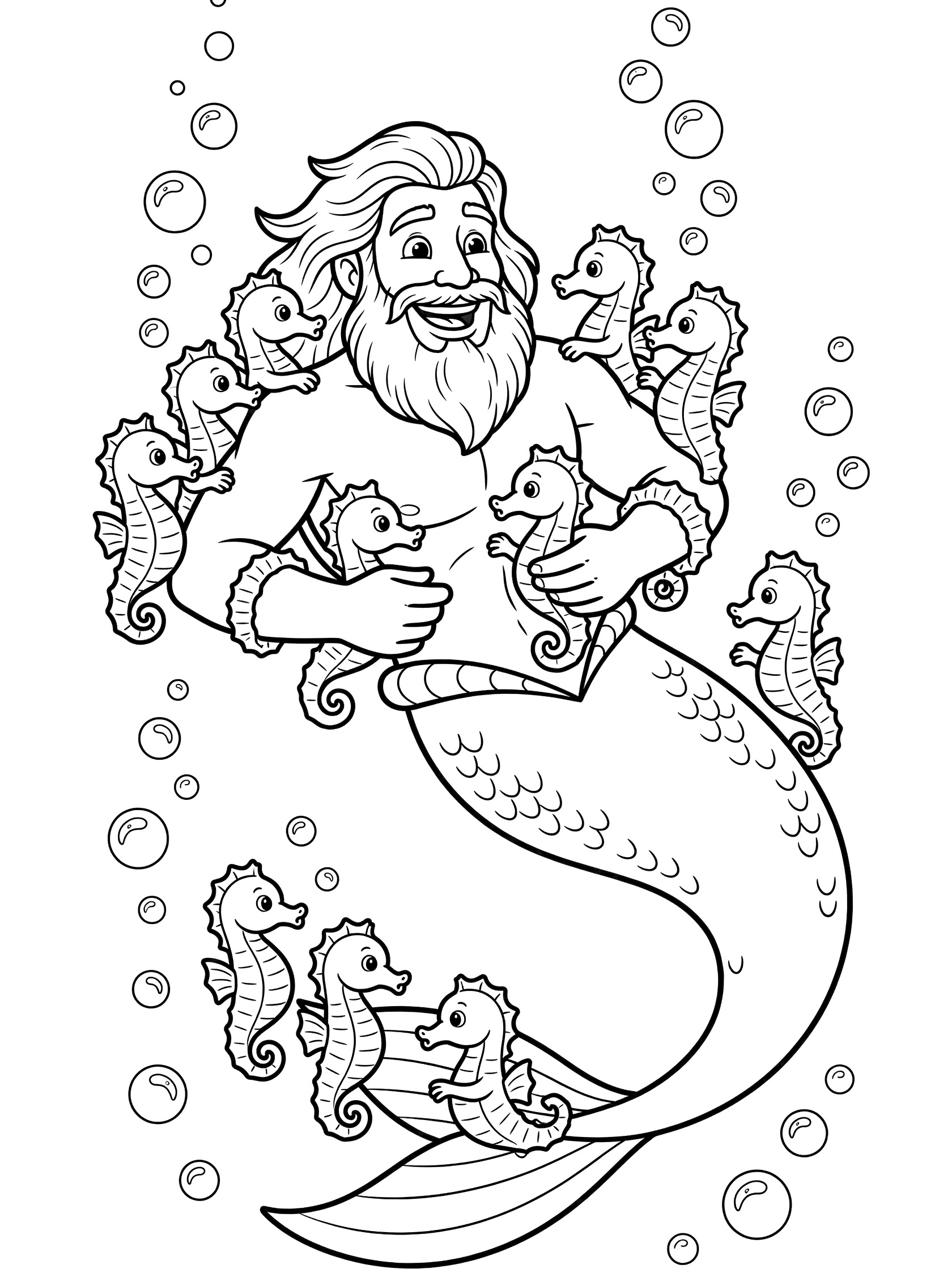 Black and white line art coloring page showing a joyful merman with long hair and beard, muscular upper body, fish tail, surrounded by baby seahorses on his arms and tail, with rising bubbles, pure white background. Mermaid King themed black and white printable line art