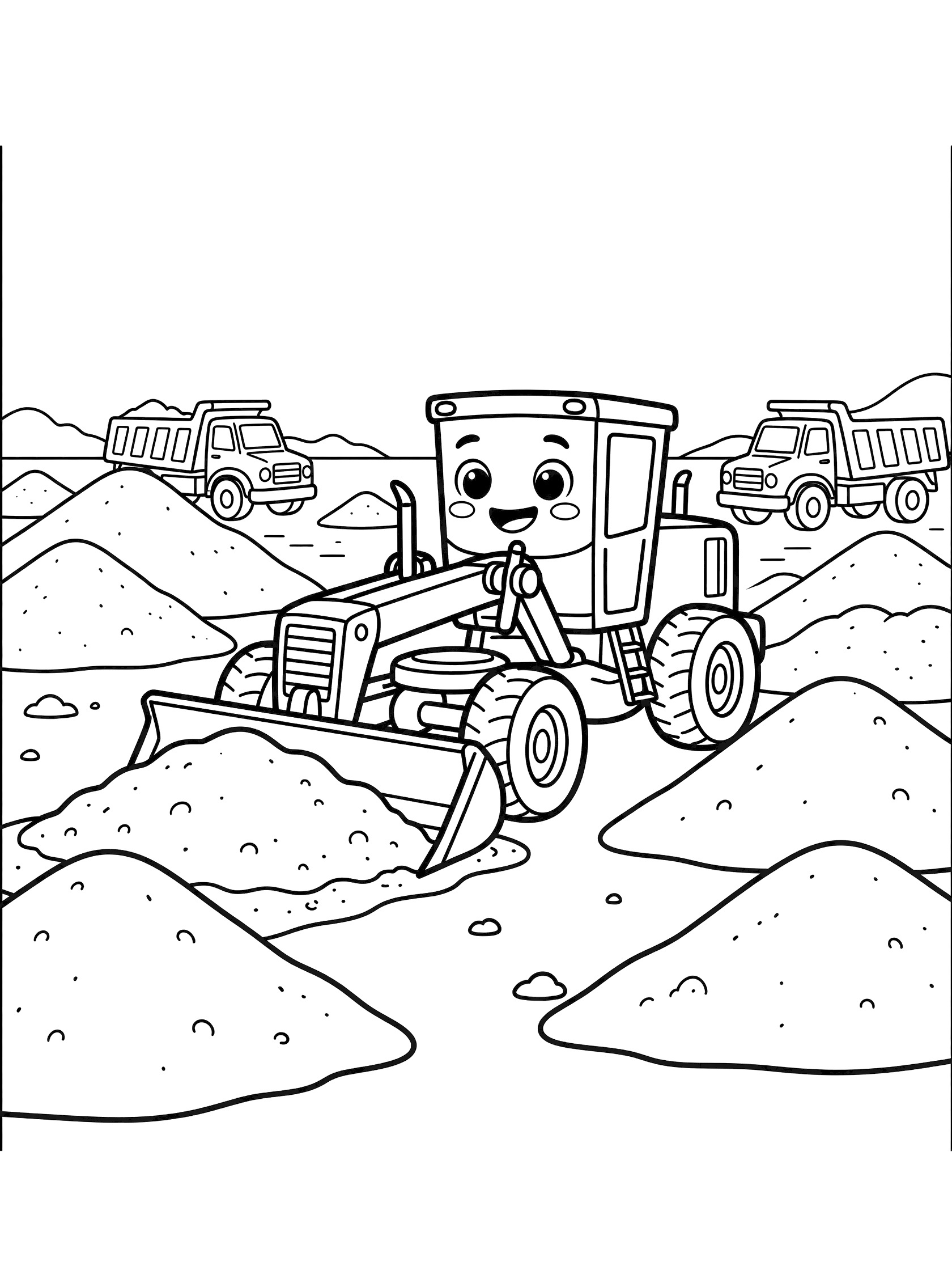 Black and white line art coloring page of a cute smiling motor grader pushing dirt blade with large sand and gravel piles and dump trucks nearby on white background