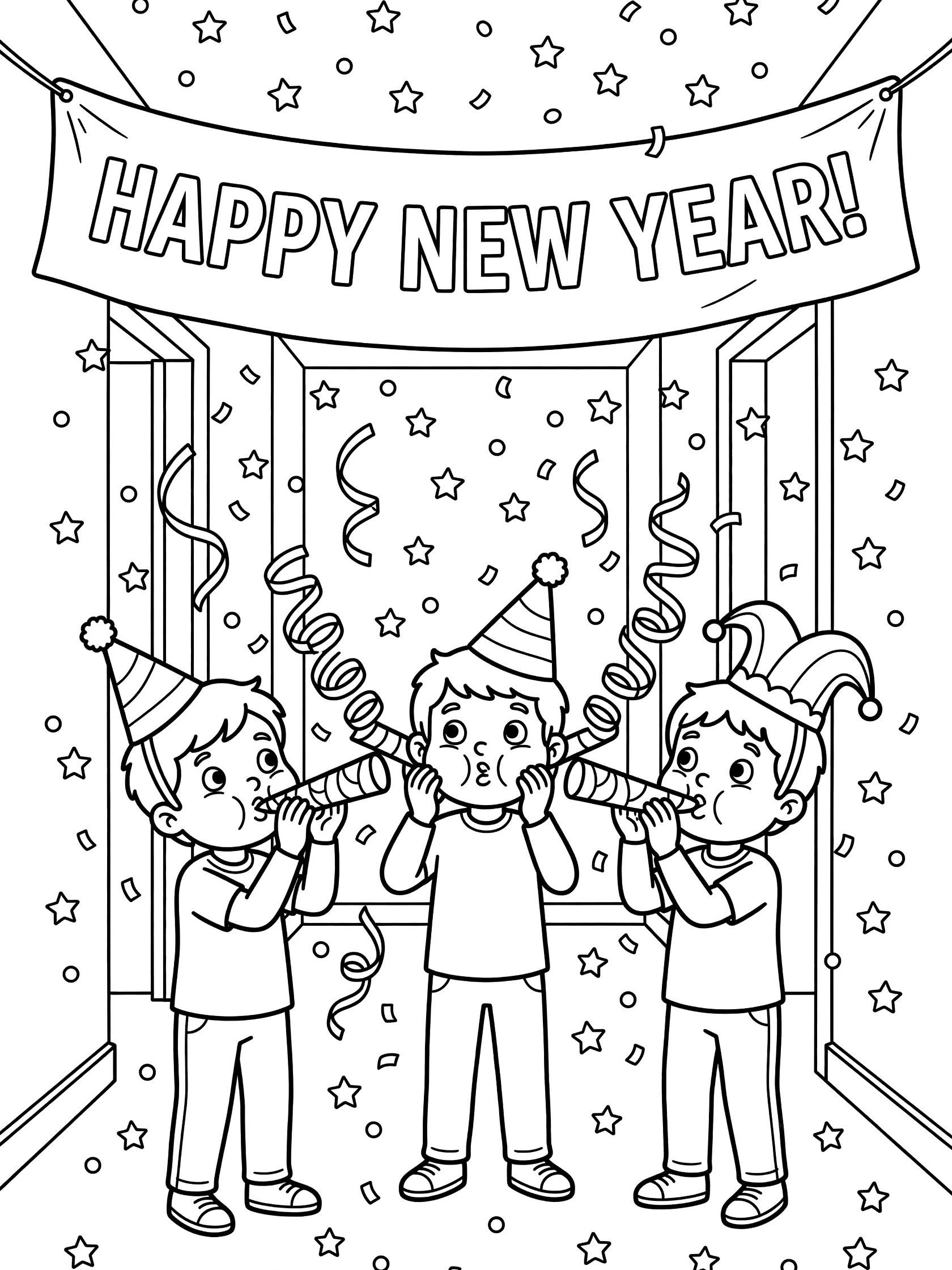 Black and white line art coloring page showing three excited kids blowing long curly party horns, wearing silly hats, with confetti falling and Happy New Year banner above.