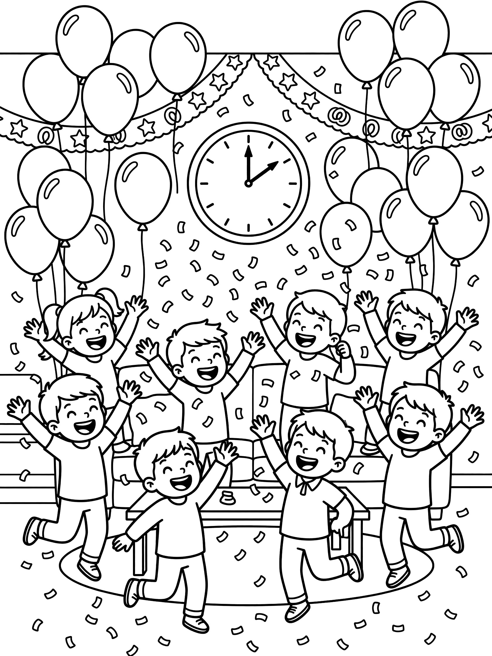 Happy New Year coloring page showing kids jumping and tossing confetti under balloons and a 12:00 clock.