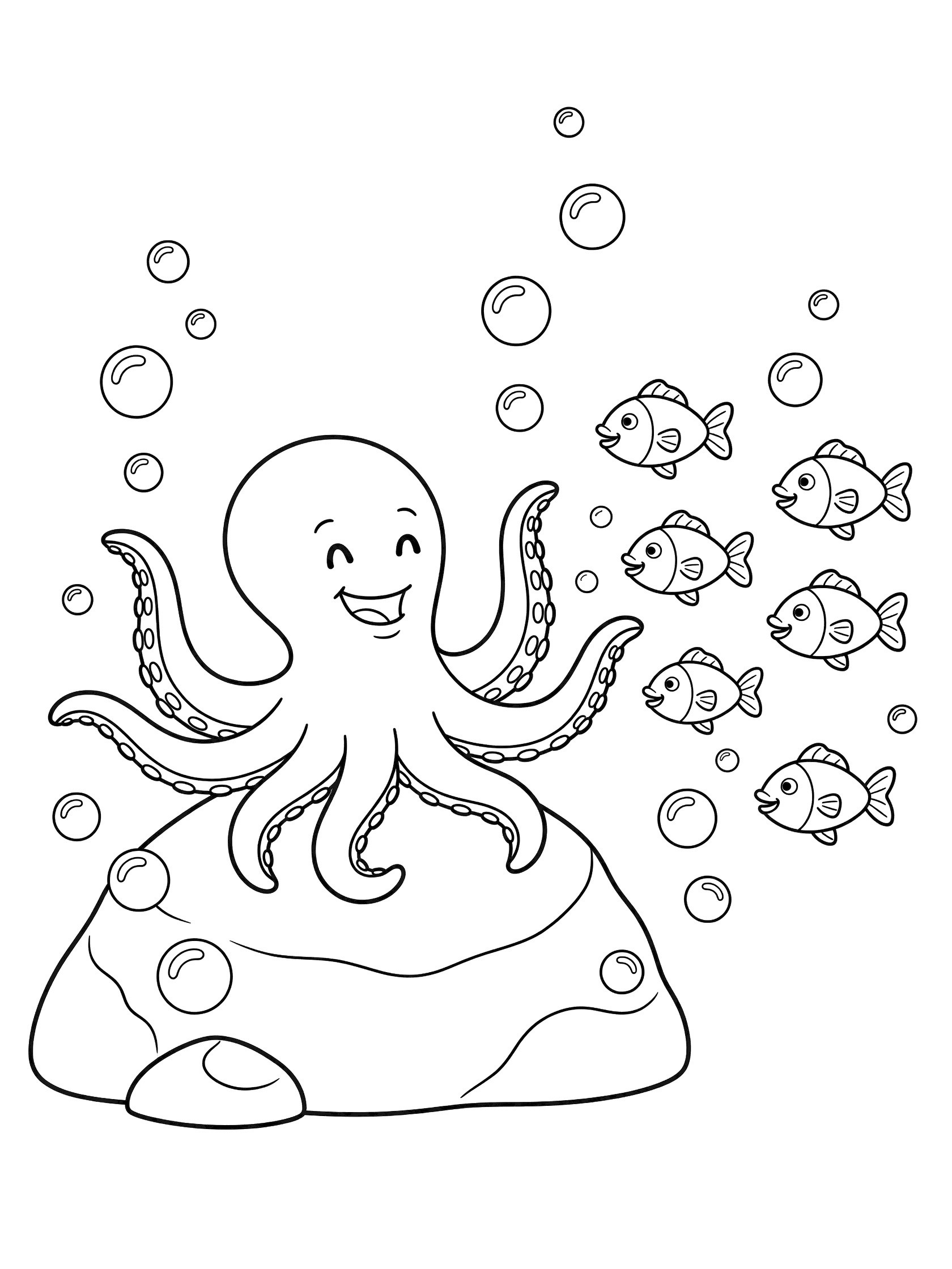 Black and white line art coloring page showing cheerful octopus with tentacles waving from rock, smiling at group of fish, bubbles floating up, pure white background.
