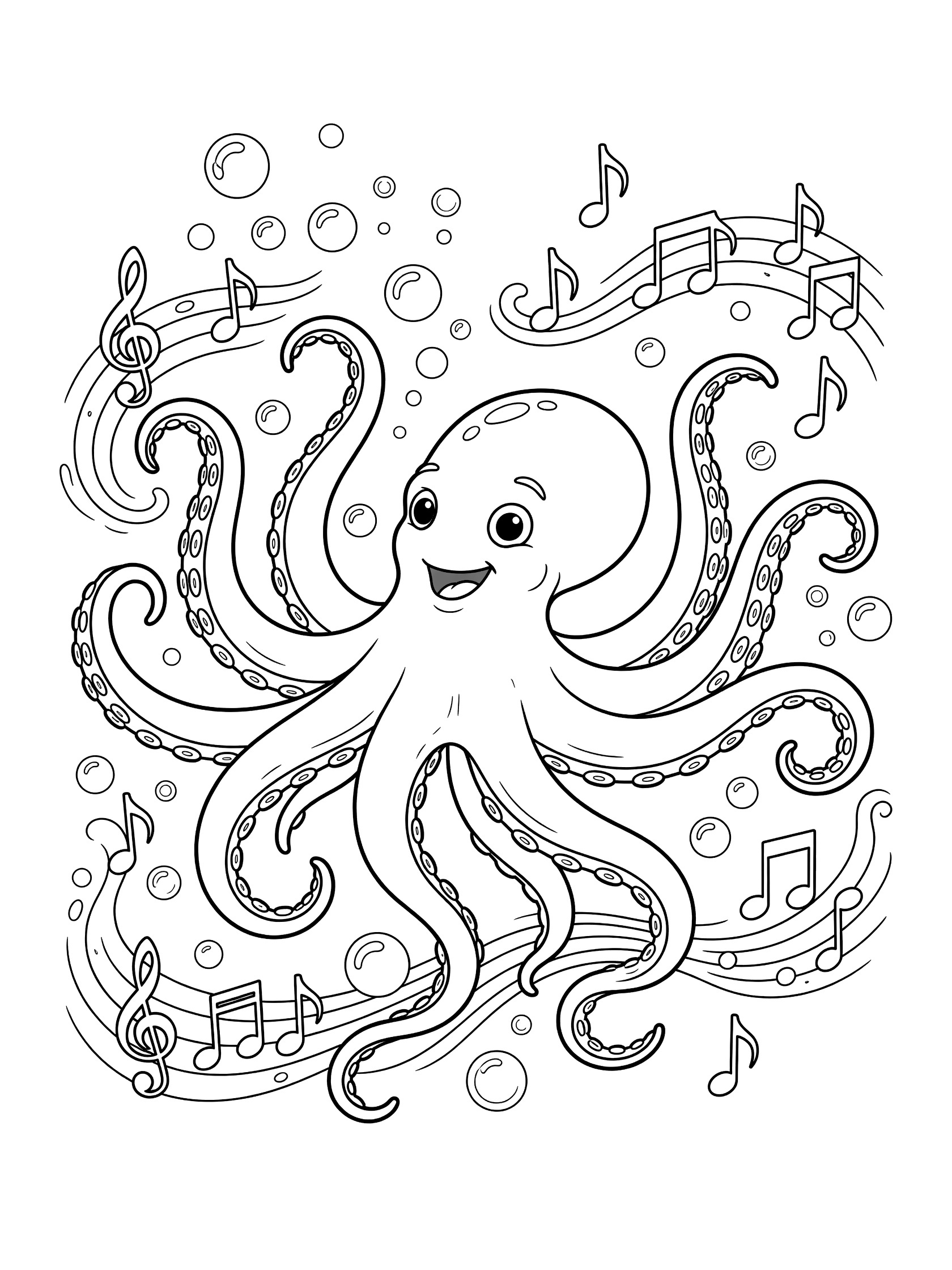 Black and white line art coloring page showing a smiling octopus with eight tentacles surrounded by bubbles and floating music notes.