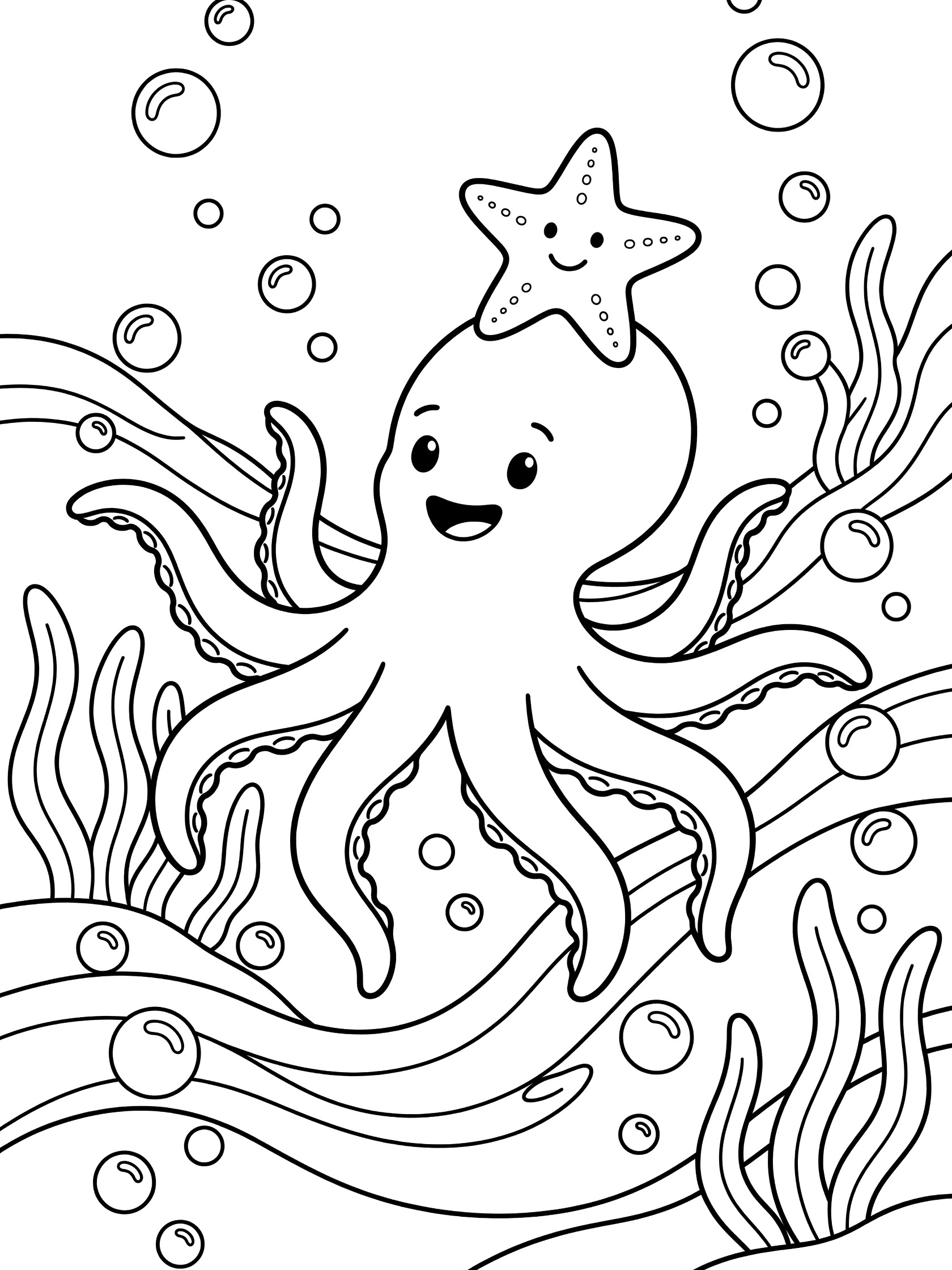 Black and white line art coloring page showing a cheerful octopus with eight tentacles, a smiling starfish sitting on its head, surrounded by bubbles, wavy seaweed, and ocean currents.