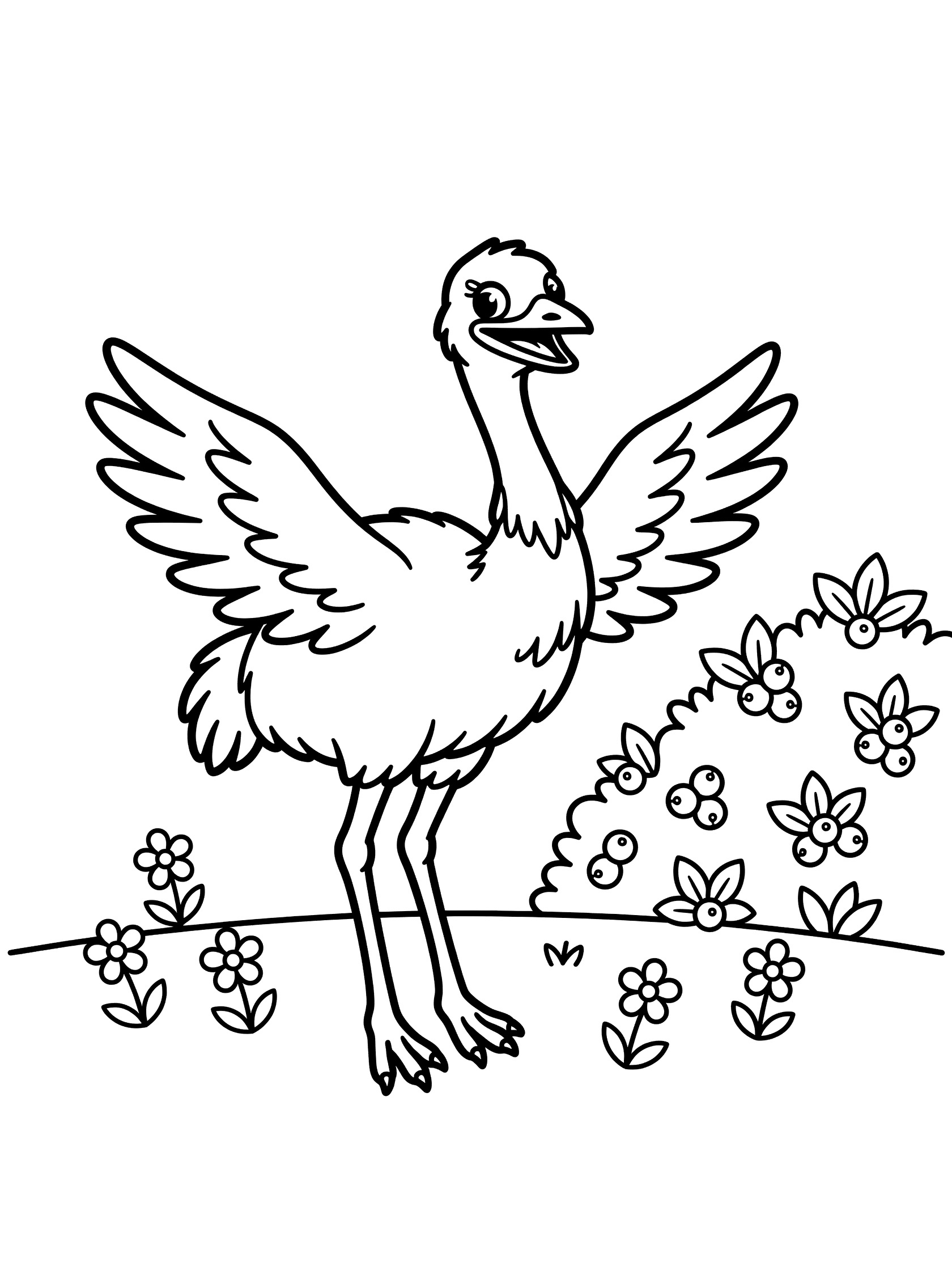 Black and white line art coloring page showing a smiling ostrich with wings spread jumping playfully beside a bush with berries and scattered small flowers. Emu themed black and white printable line art
