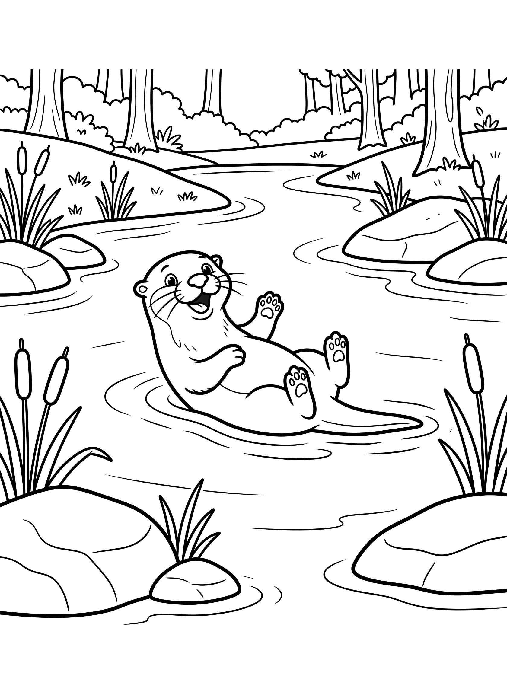 Black and white line art coloring page showing a cheerful otter floating on its back with paws up in a river surrounded by reeds, rocks, and trees.