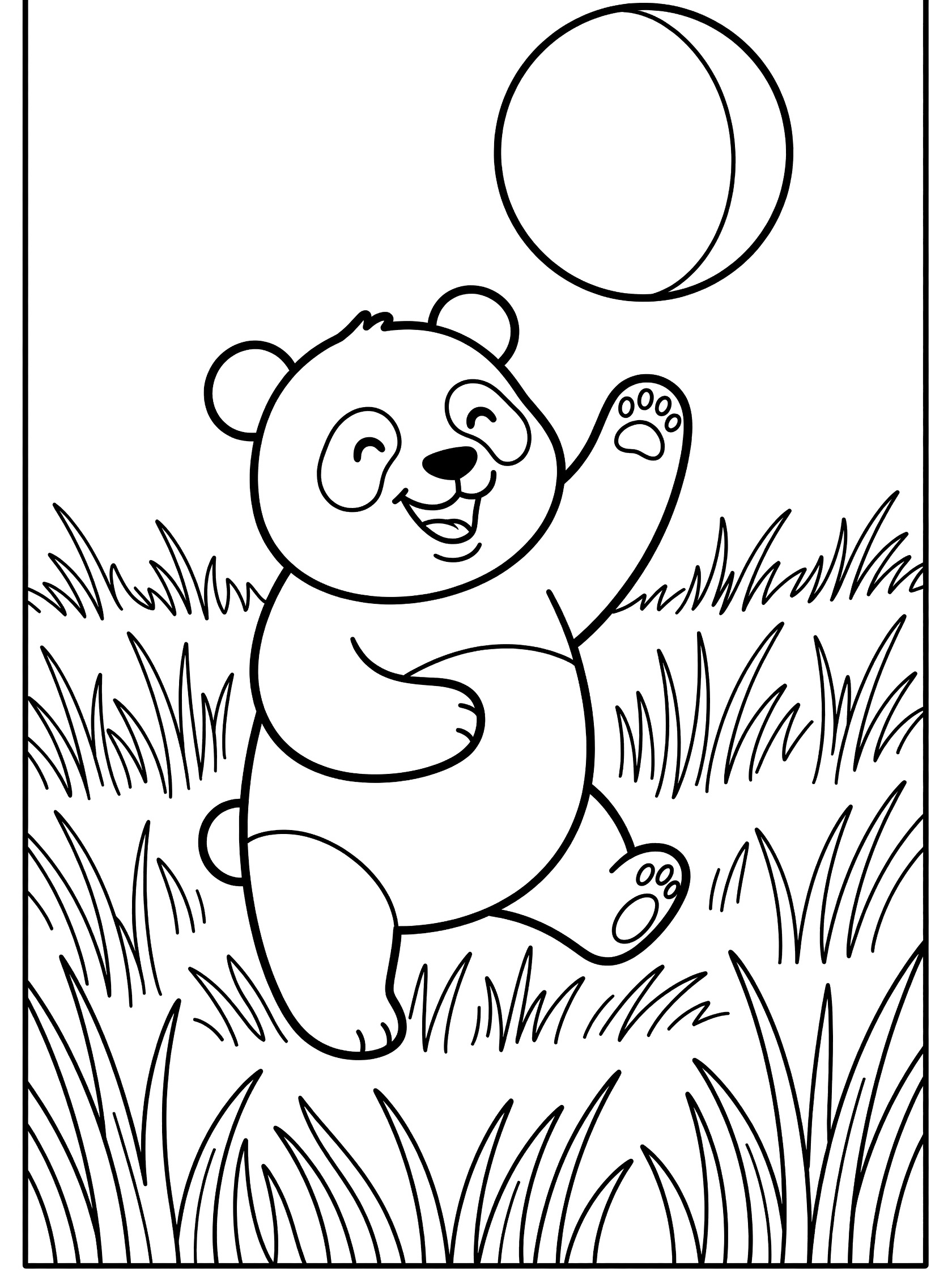 Black and white line art coloring page showing a panda bear smiling and pawing a large round ball mid-bounce surrounded by tall grass blades.