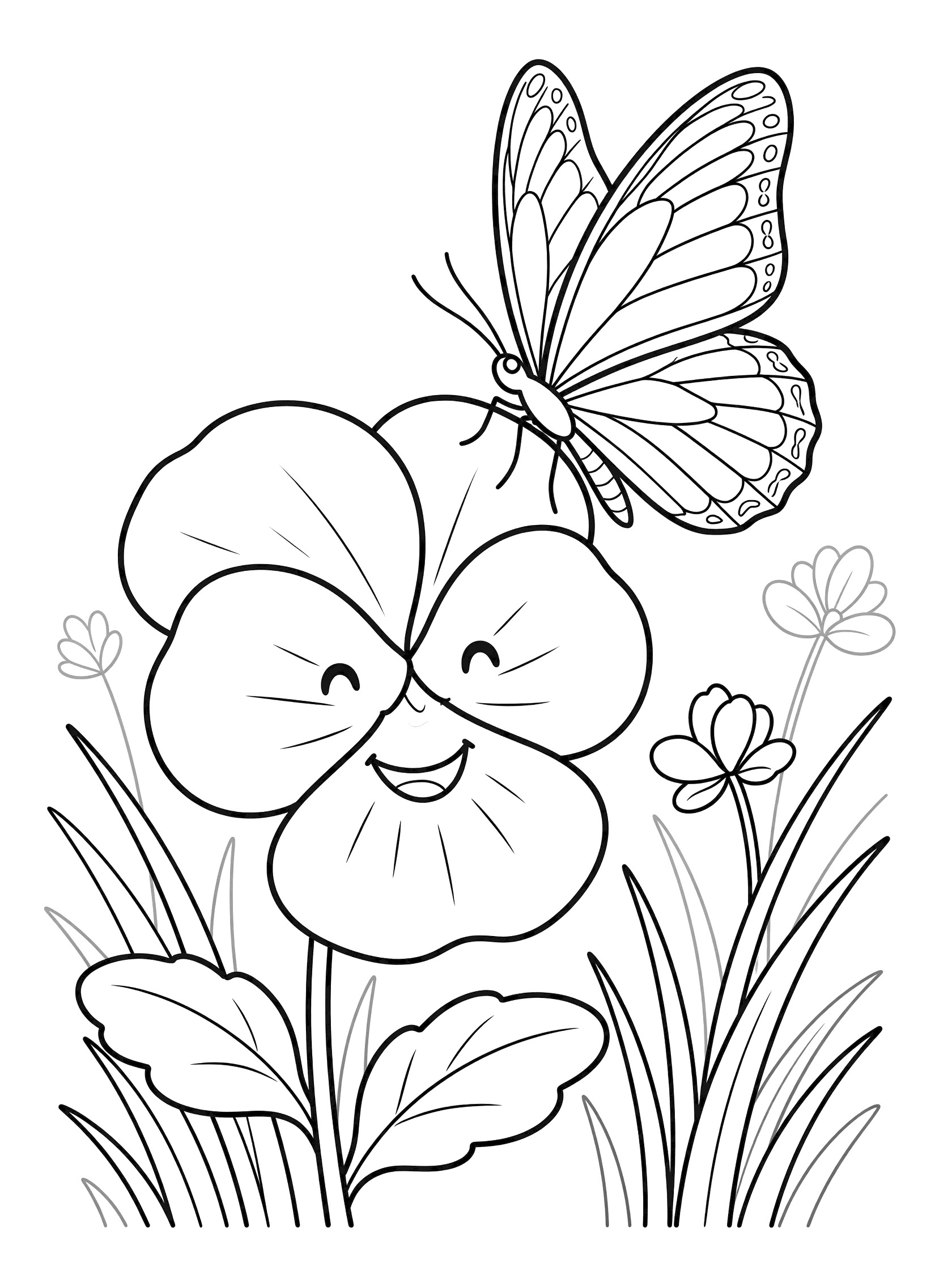 Black and white coloring page of a smiling pansy flower with big eyes and mouth, butterfly perched on one petal with spread wings, surrounded by grass and tiny flowers.