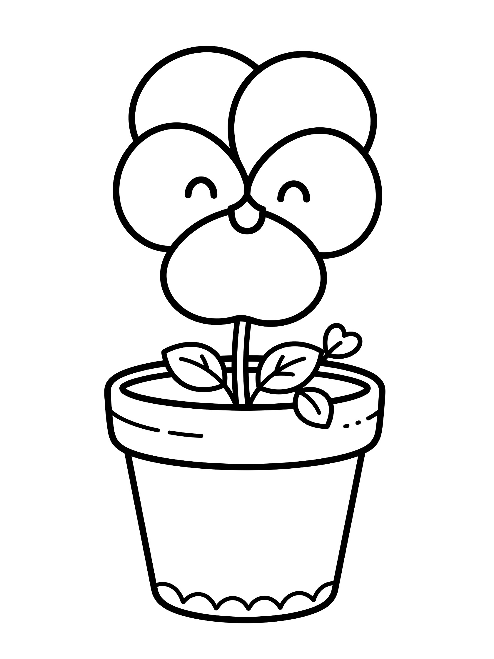 Black and white coloring page of a kawaii pansy flower with smiling face petals in a simple round pot with leaves