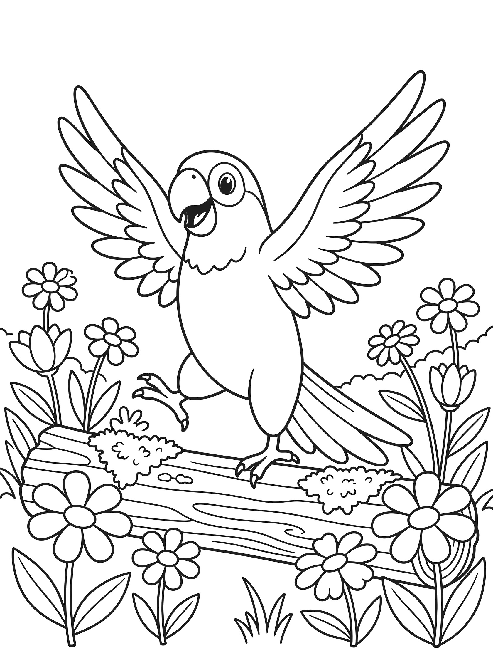 Black and white line art coloring page showing a happy parrot with wings raised, standing on one foot on a mossy log near simple flowers.