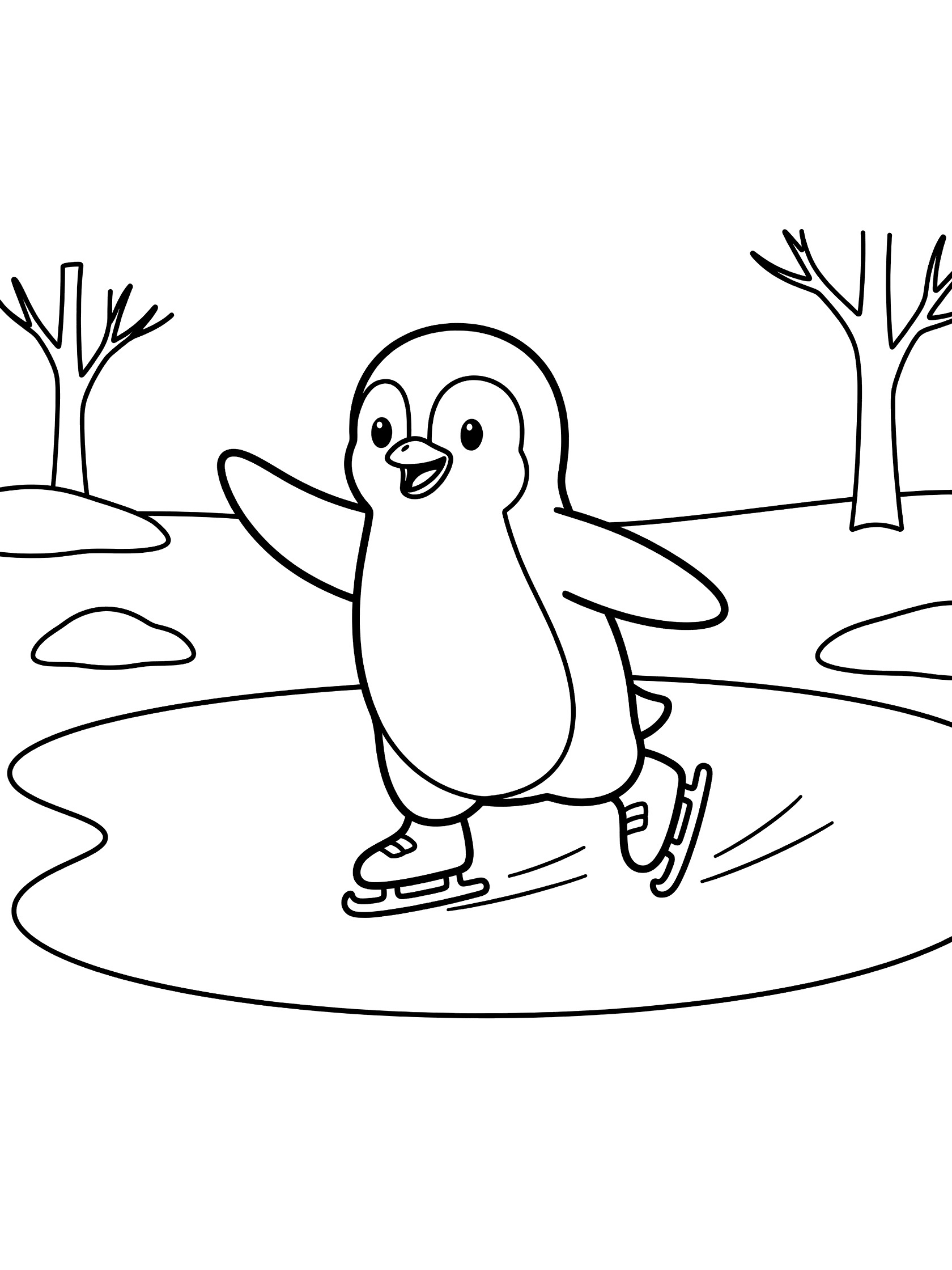 Cartoon penguin with happy face gliding on ice skates across a pond, arms out, bare trees in background, coloring book style line art.