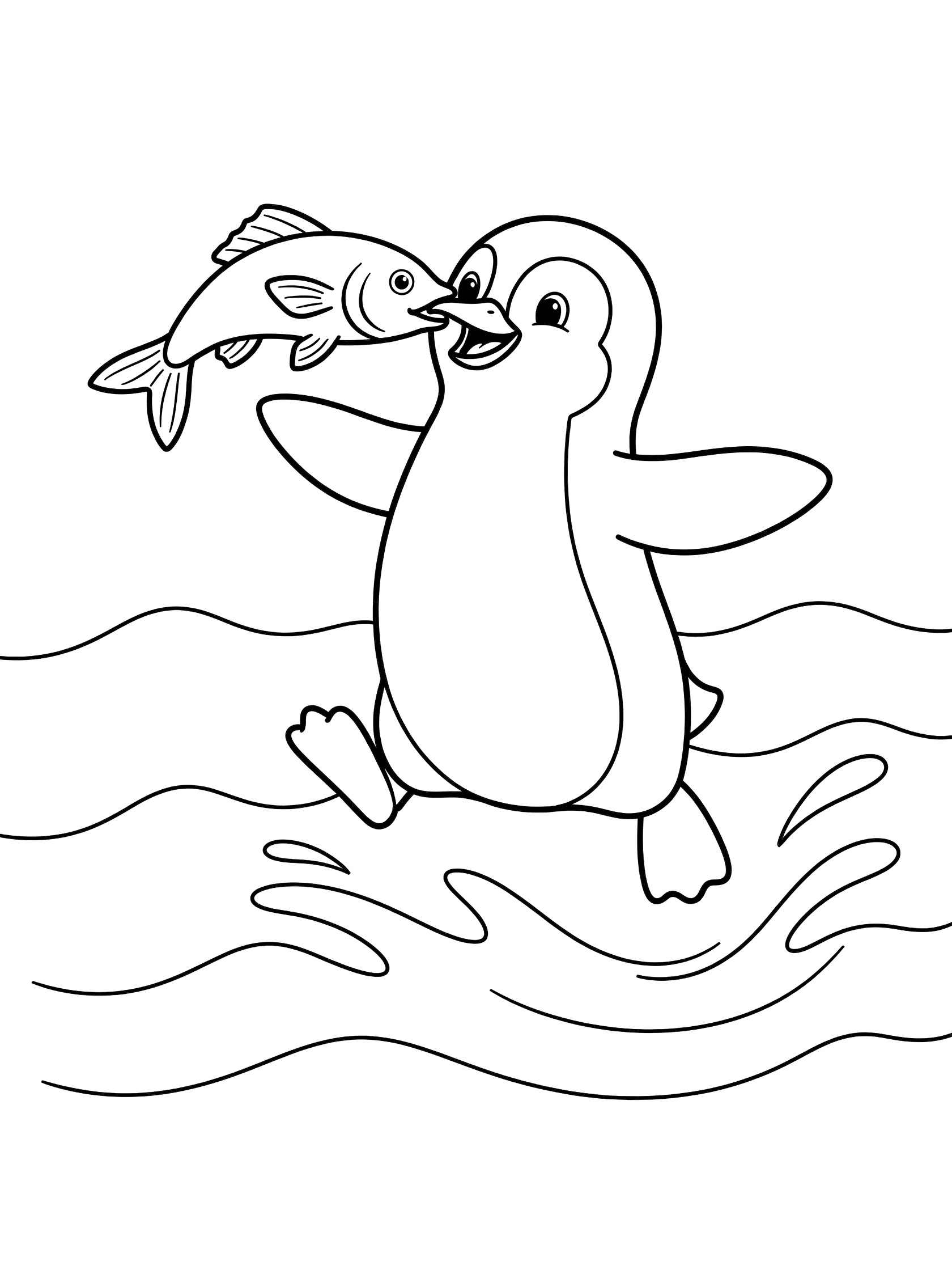 Black and white line art of a happy penguin leaping from waves with a fish in its beak, perfect for kids coloring.