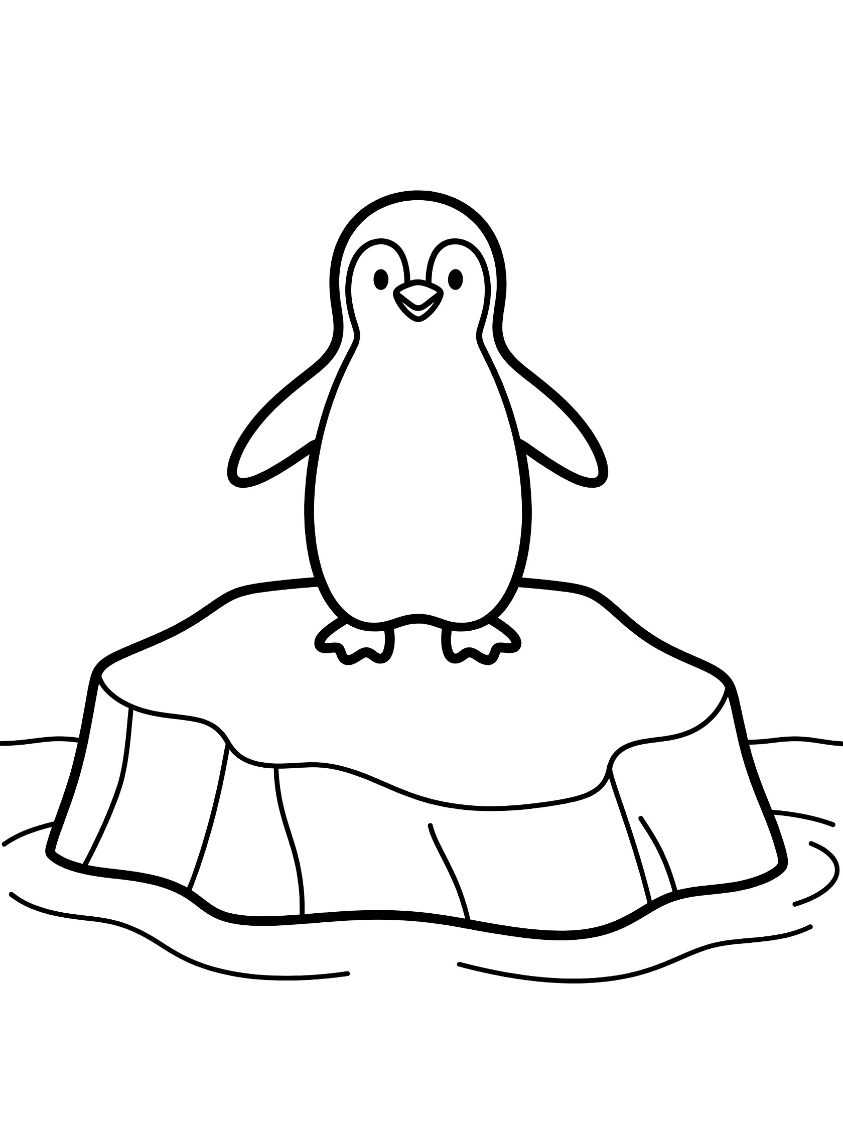Black and white line art coloring page showing a single cute penguin with flippers out standing on a large rock above simple waves