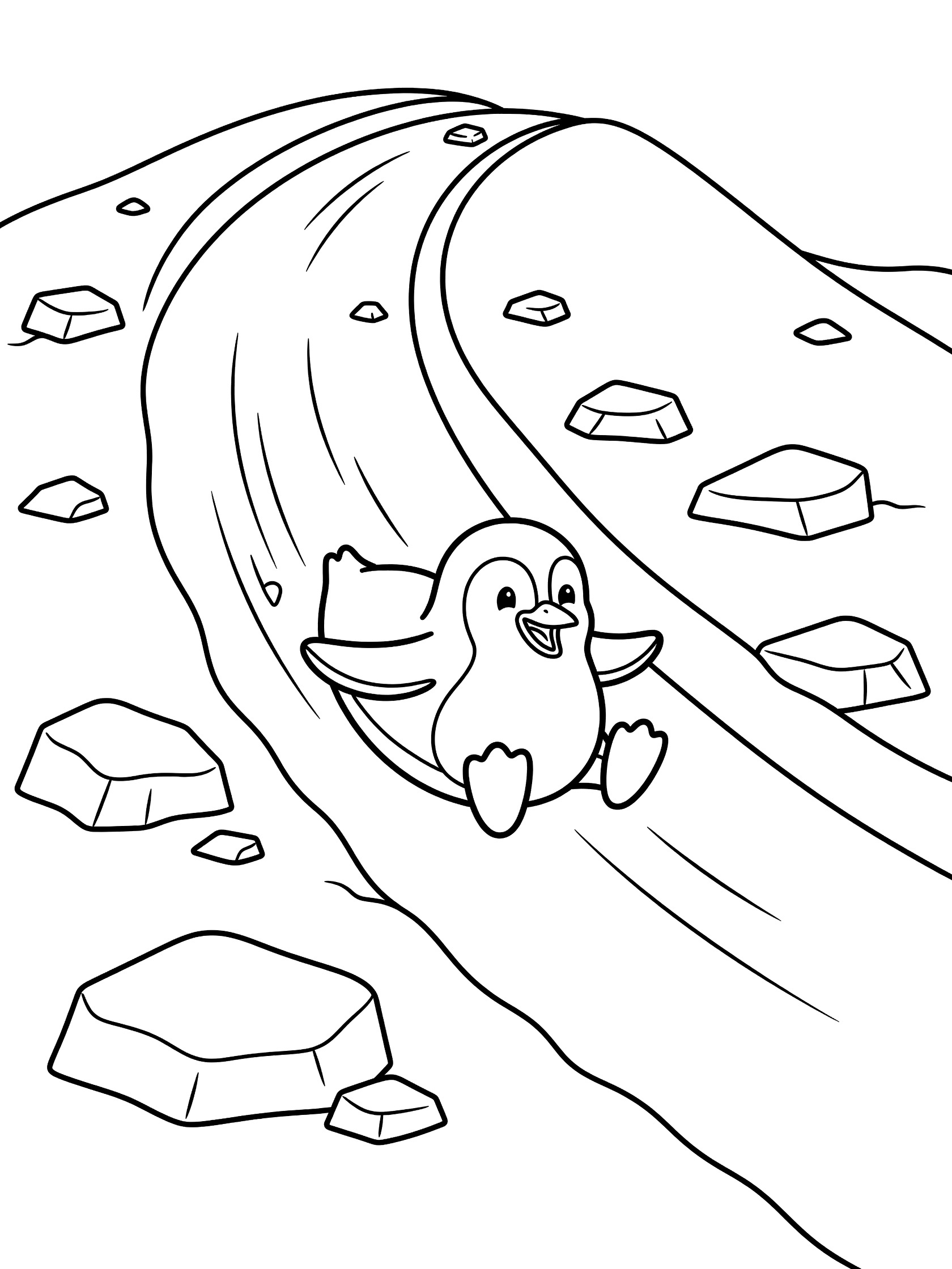 Black and white line art coloring page showing a cheerful penguin sliding belly-first down a curvy stream lined with rocks.