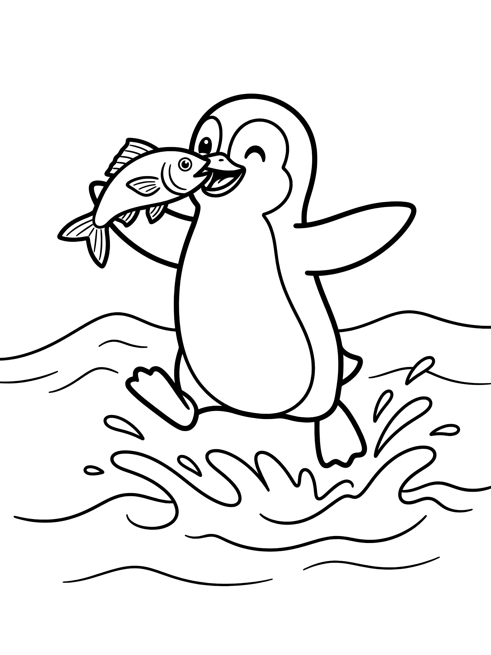 Black and white line art of a happy penguin jumping out of water holding a fish in its beak, with waves and splashes around.