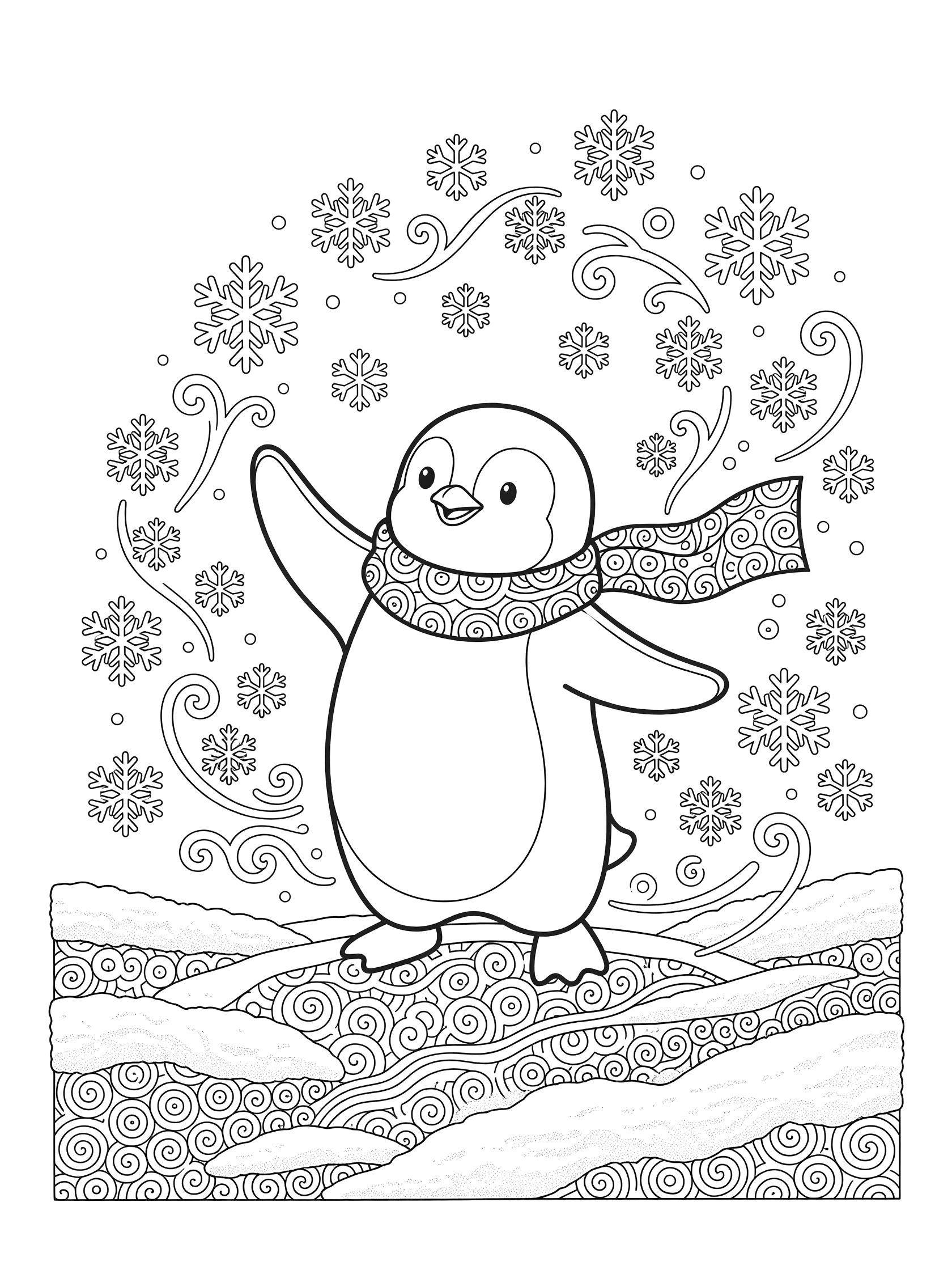Black and white line art coloring page showing a cheerful penguin with raised flippers, scarf around neck, standing on snowy ground with swirling snowflakes.