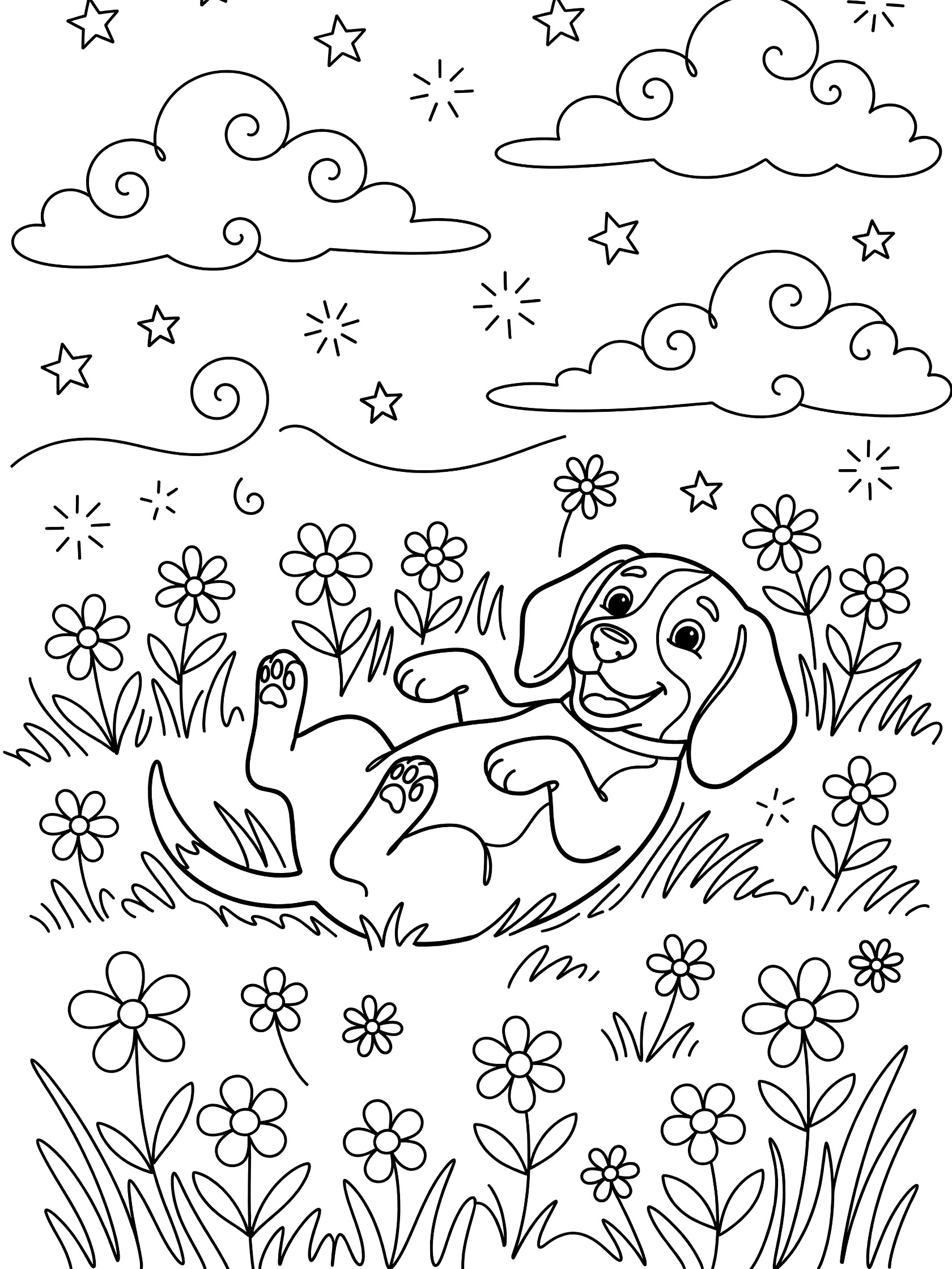 Black and white line art coloring page showing a beagle puppy lying happily on its back in a flower-filled meadow with doodled stars and swirly clouds above.