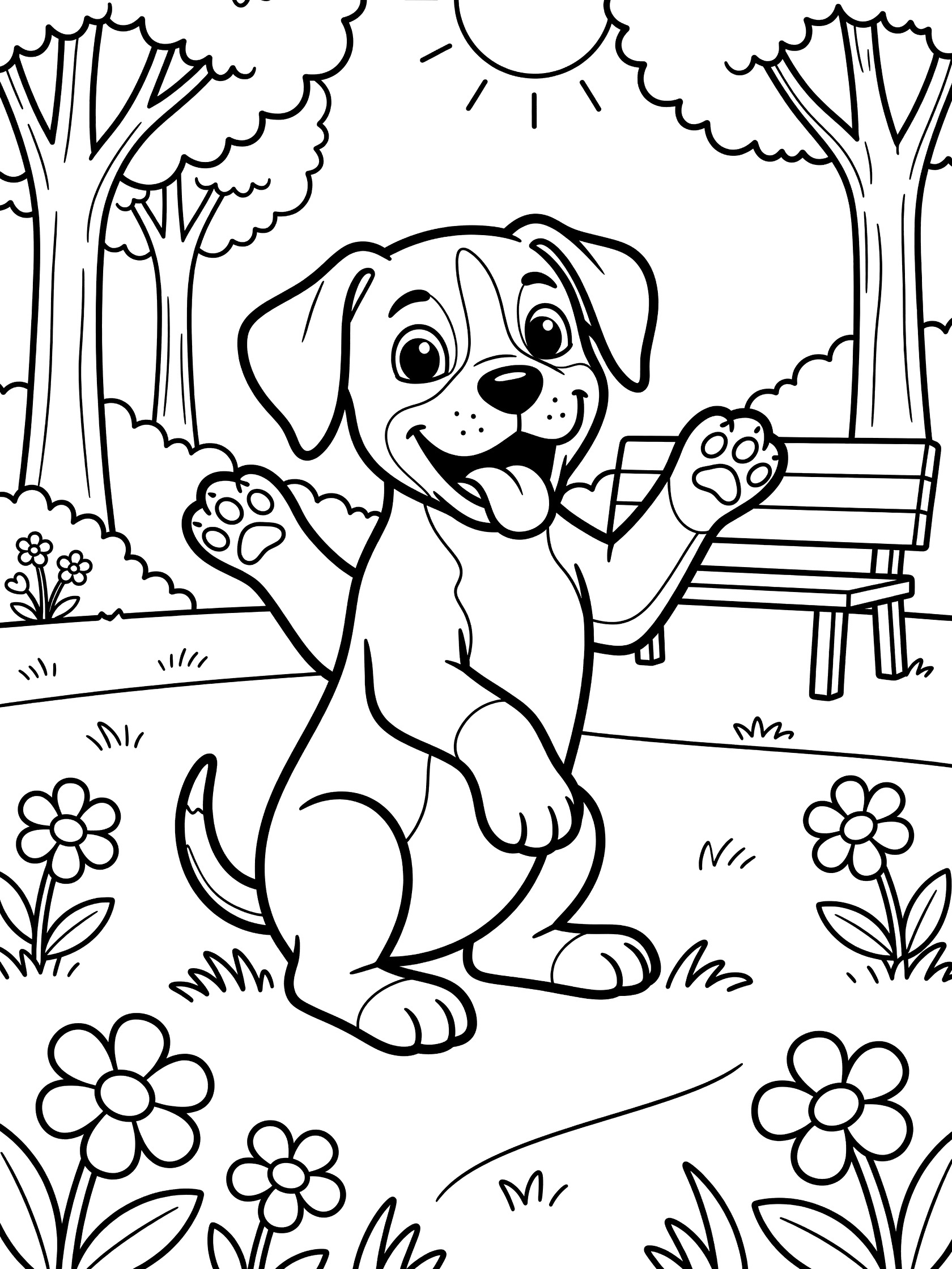 Black and white line art coloring page showing a cute puppy sitting with front paws up, tail wagging, in a park with trees, sun, grass, flowers, and a bench. Boxer themed black and white printable line art