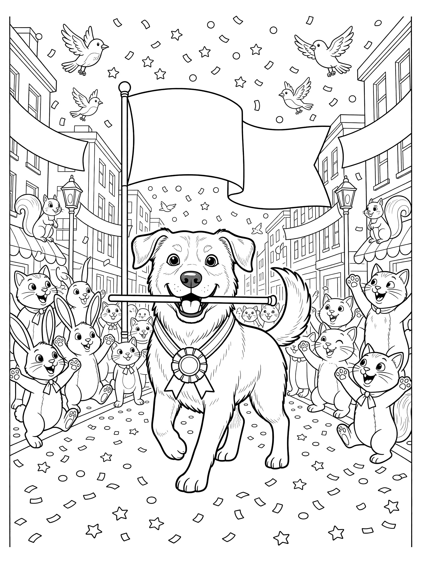 Black and white line art coloring page showing a happy rescue dog in a parade wearing a medal ribbon, holding a flag, with cats, squirrels, birds, banners, and confetti in a street scene.