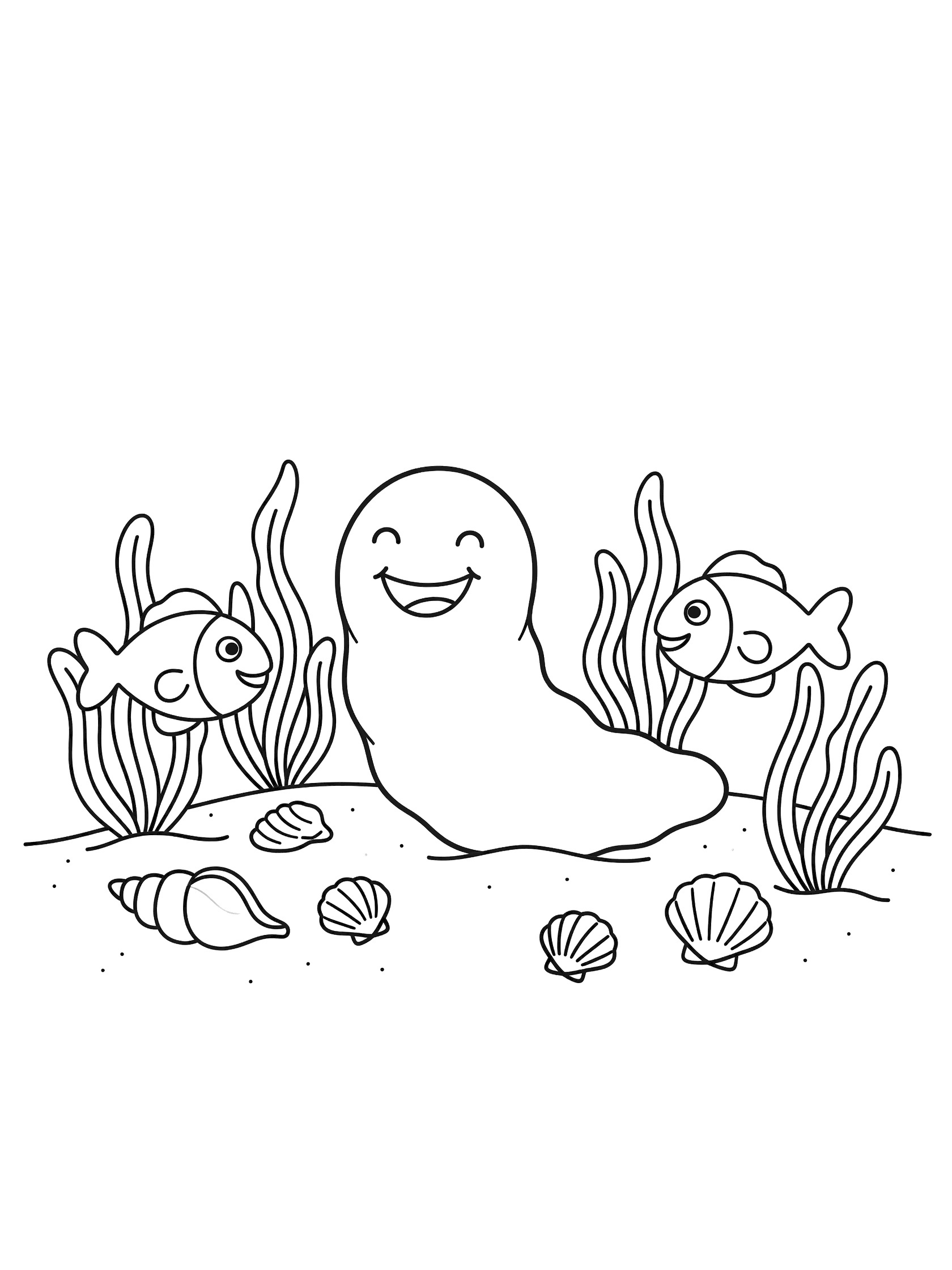 Black and white line art coloring page showing a smiling sea cucumber sitting on sandy ocean floor surrounded by two happy fish, swaying seaweed, and scattered seashells.
