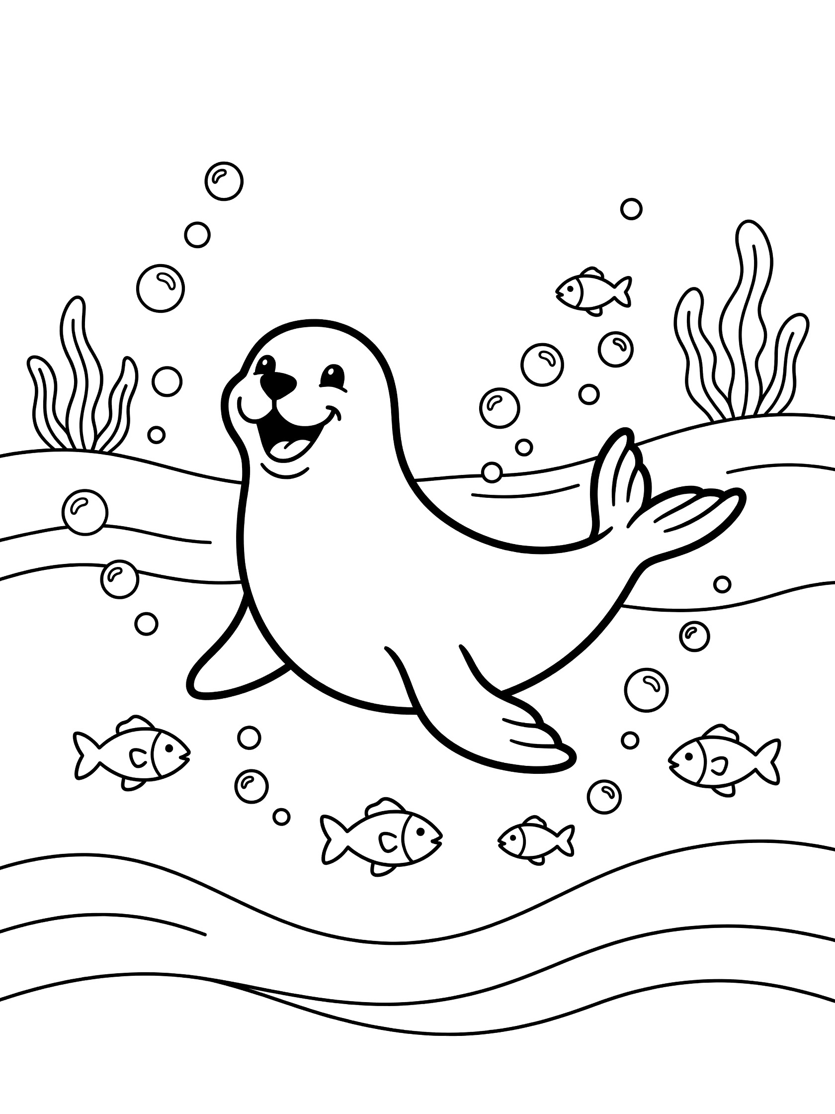 Black and white line art coloring page showing a happy sea lion swimming through the ocean with trailing bubbles, small fish nearby, gentle waves and swaying seaweed.