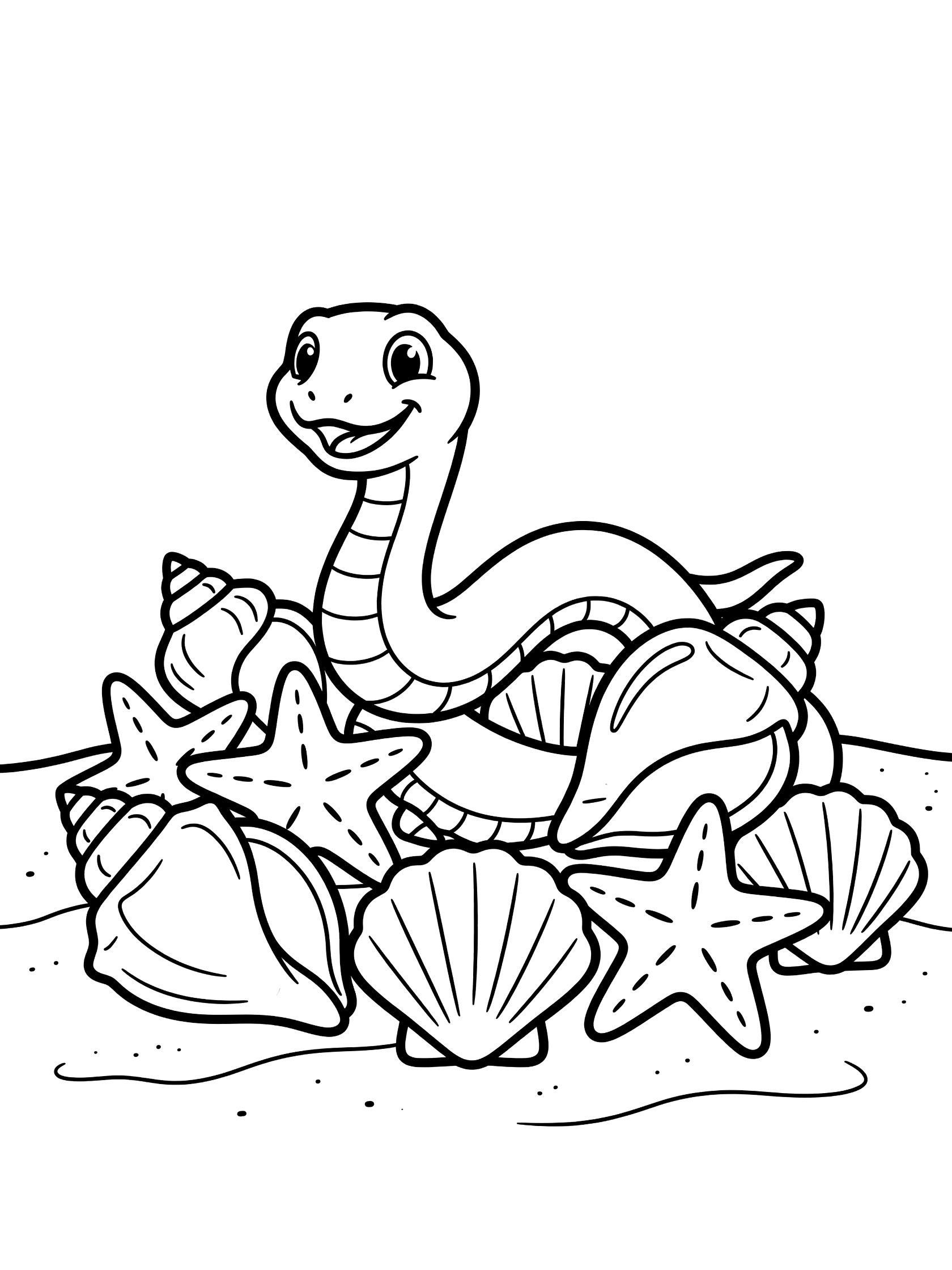Black and white line art coloring page showing a cute happy sea snake smiling and coiled around a pile of seashells and starfish on sandy ocean bottom.