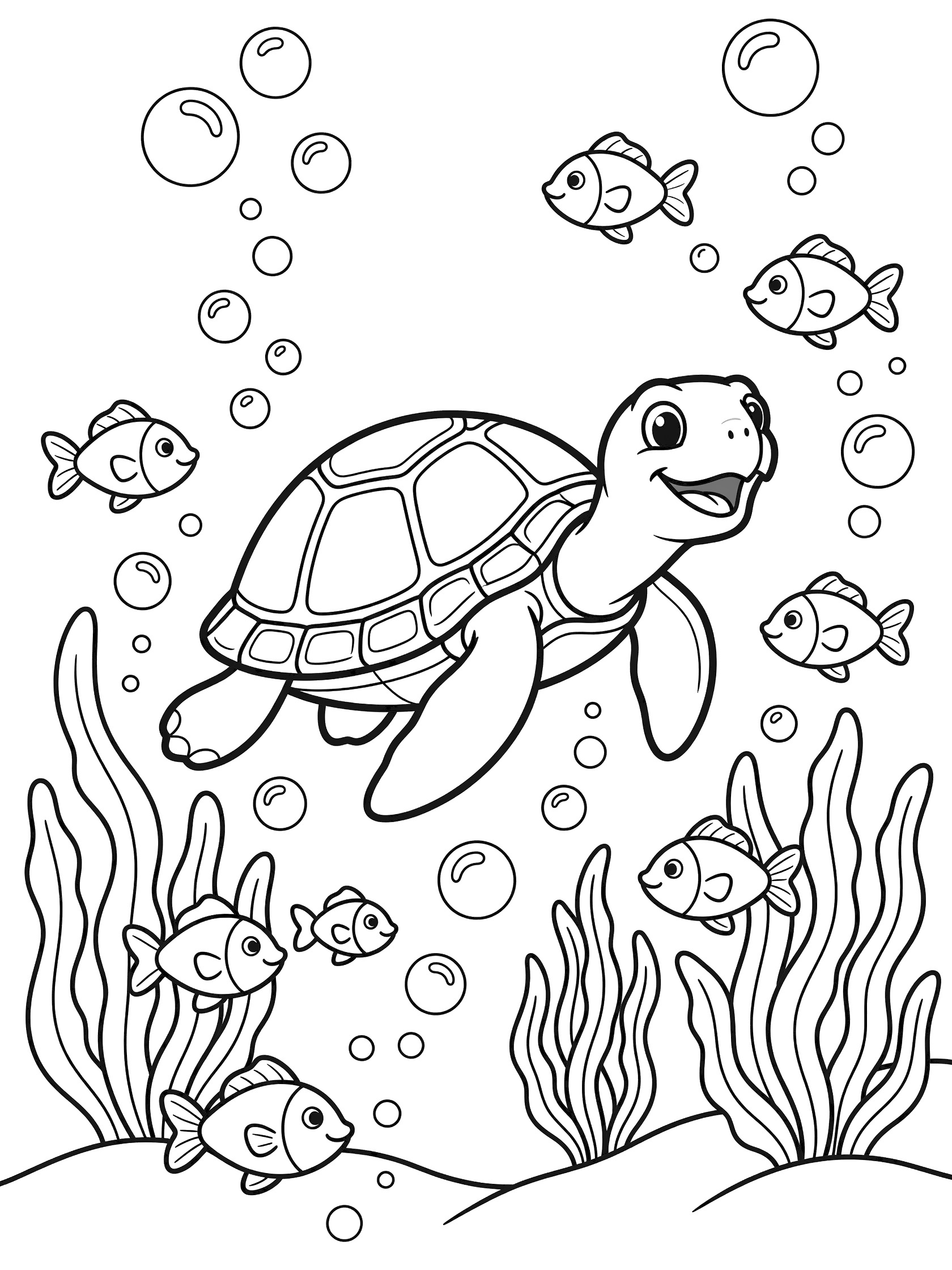 Black and white line drawing of a smiling sea turtle swimming underwater with circling fish, bubbles rising, and swaying seaweed on a white background.