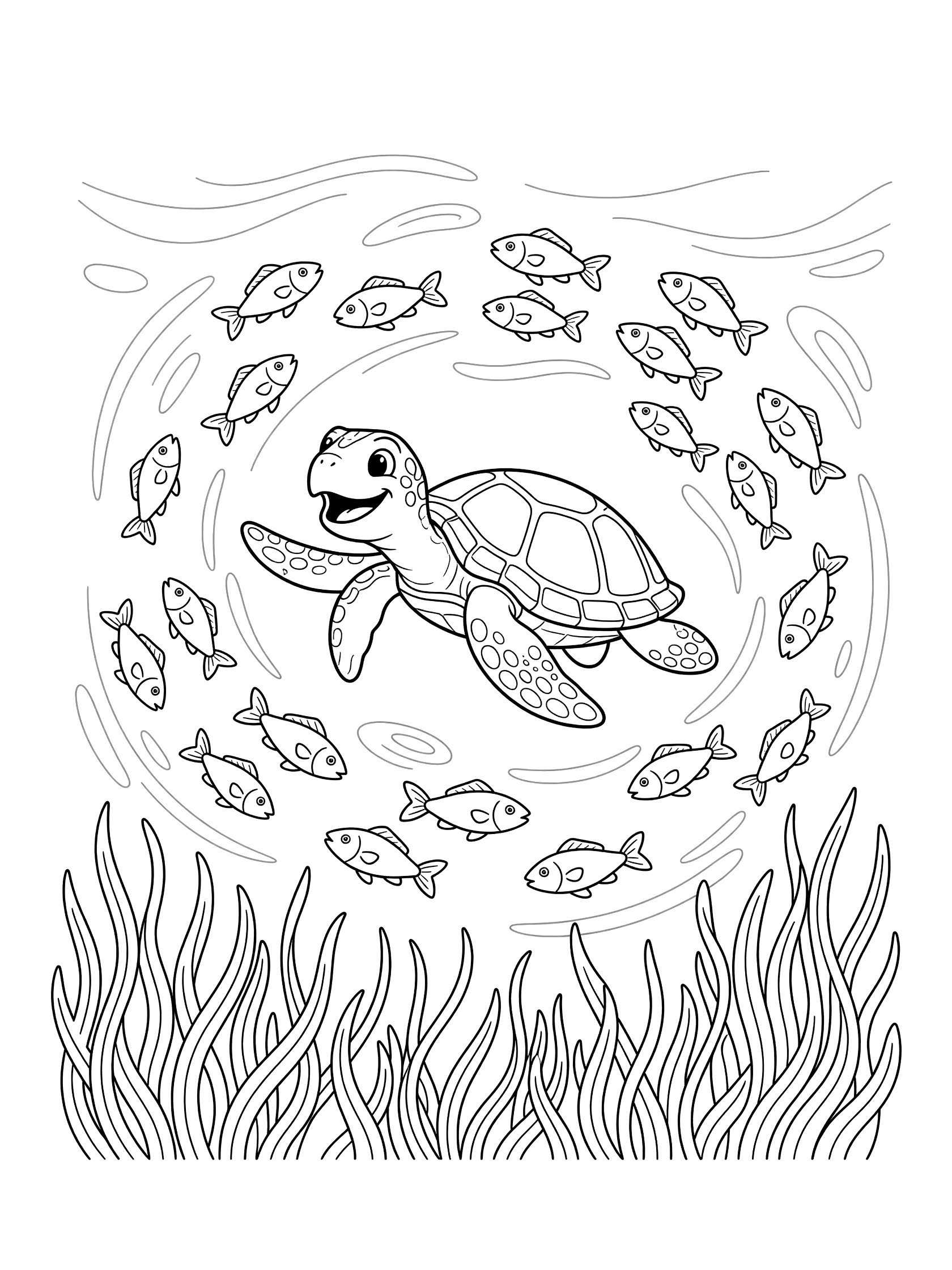 Black and white line art coloring page showing a happy sea turtle with flippers out swimming in a circle surrounded by playful fish and seagrass below