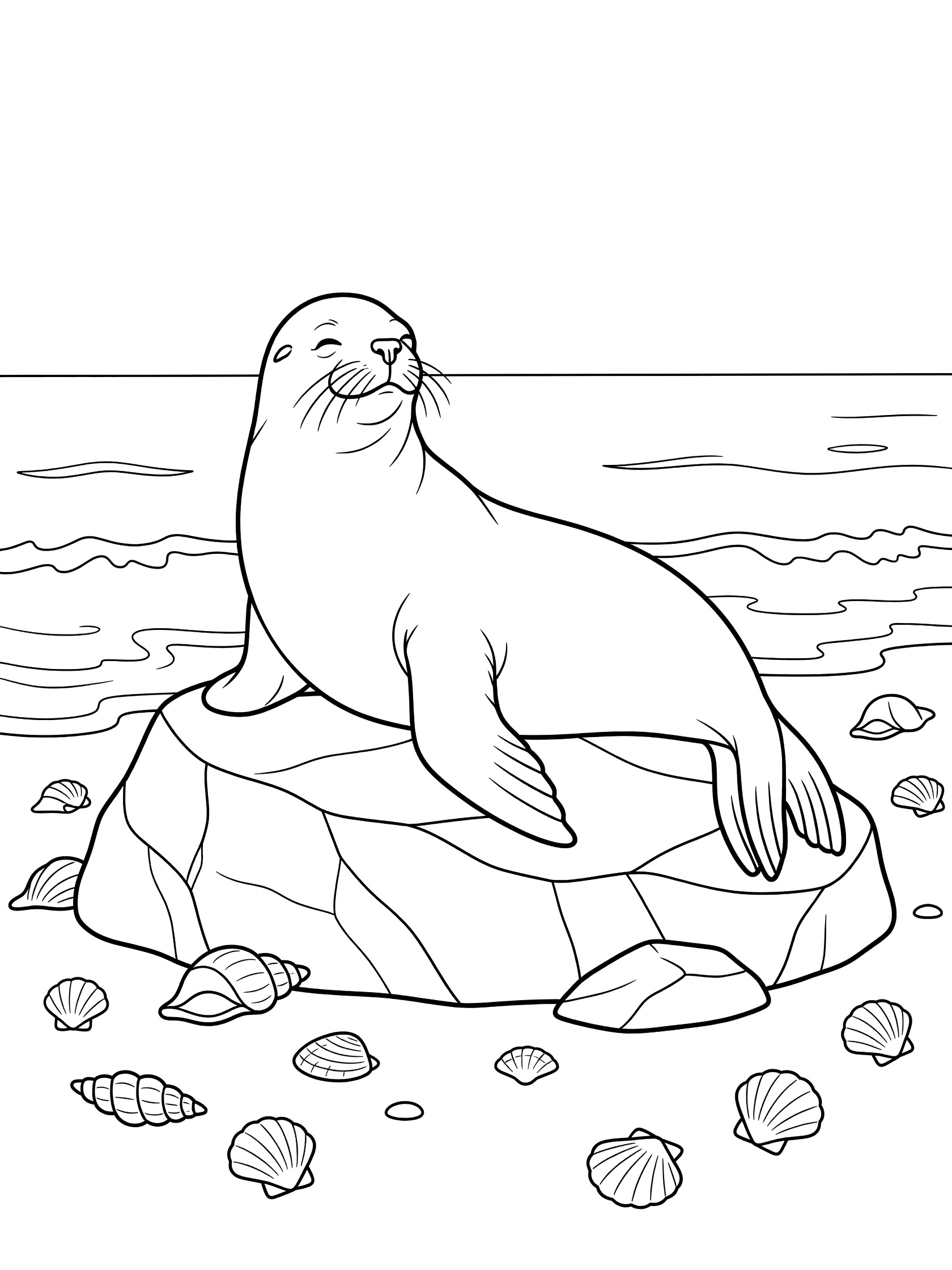 Black and white line art coloring page showing a smiling seal sitting on a rocky outcrop with ocean waves in the background and scattered seashells around the base. Sea Lion themed black and white printable line art