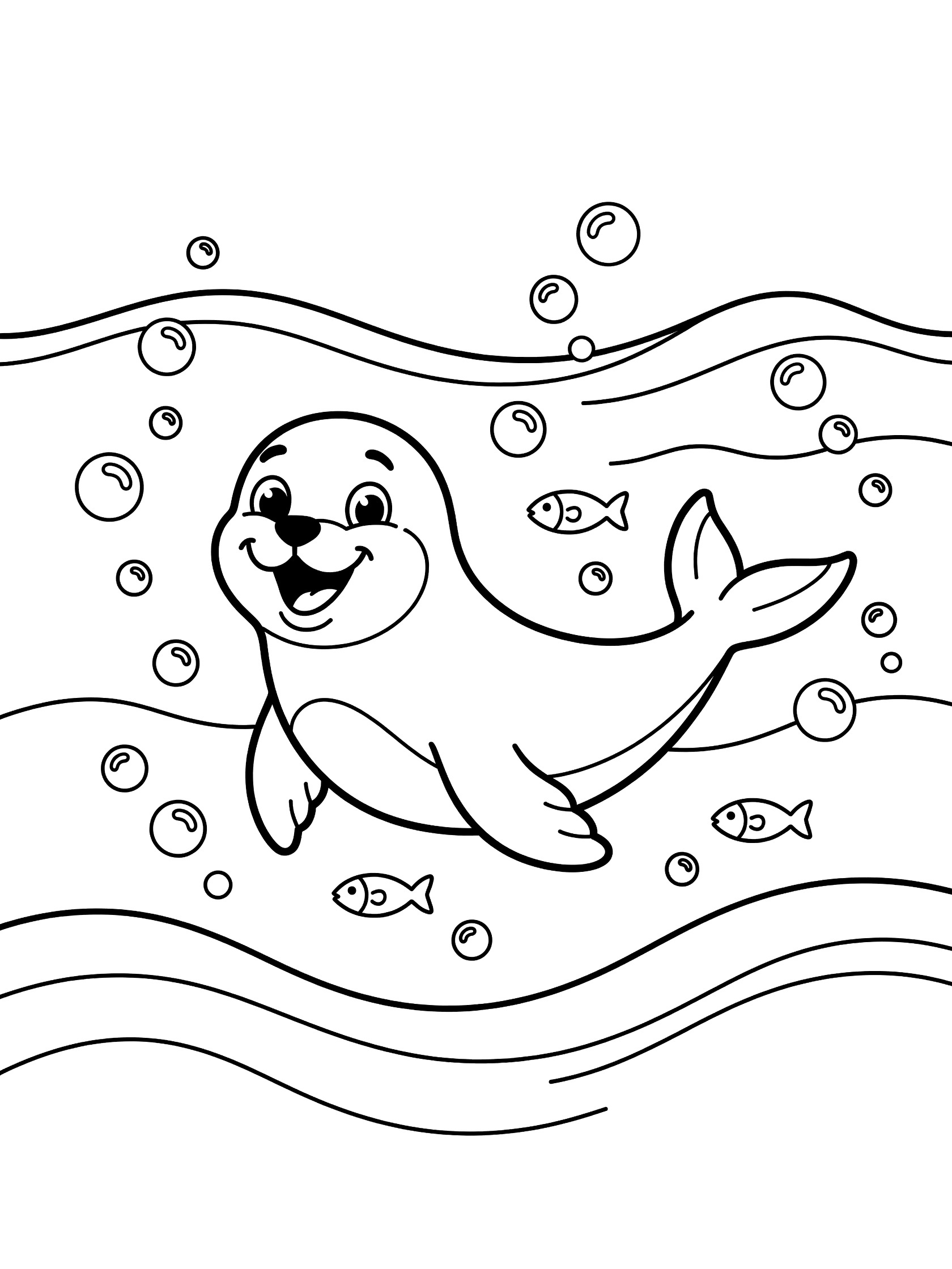 Black and white line art coloring page showing a smiling seal swimming happily with fish around bubbles and wavy ocean lines.