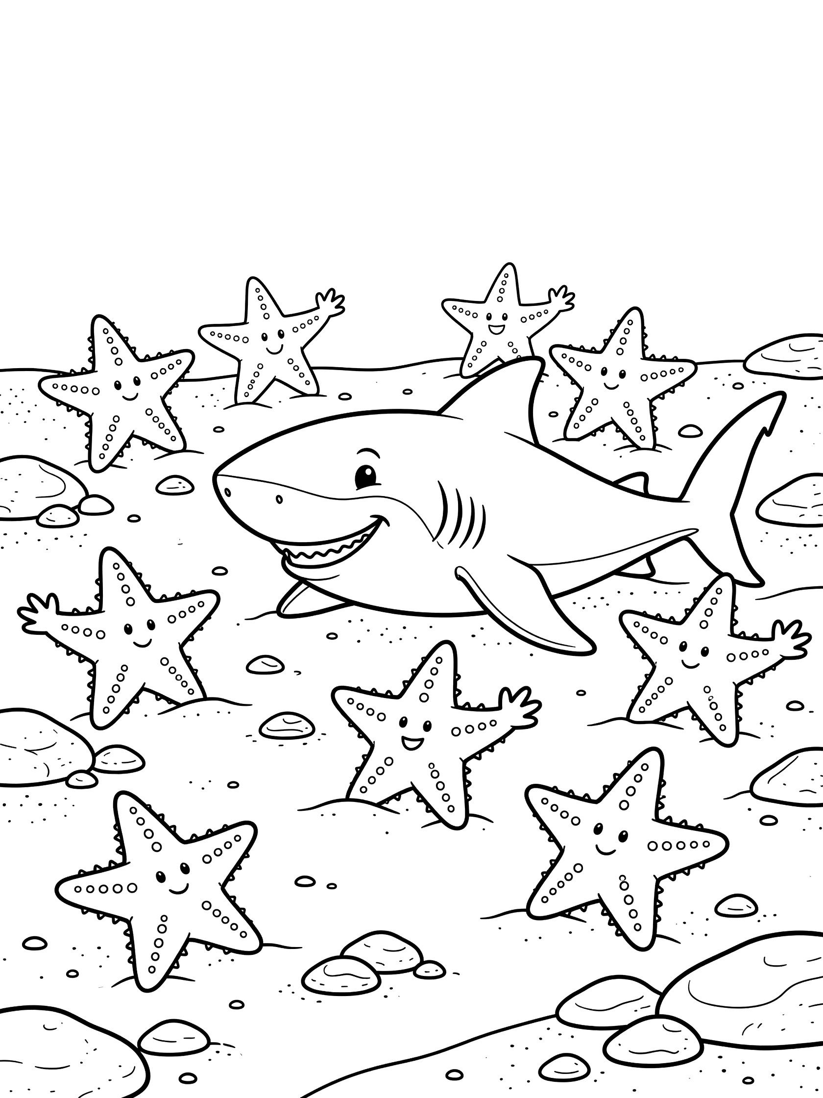 Printable coloring page showing a happy shark smiling next to waving starfish on sandy sea floor with scattered pebbles