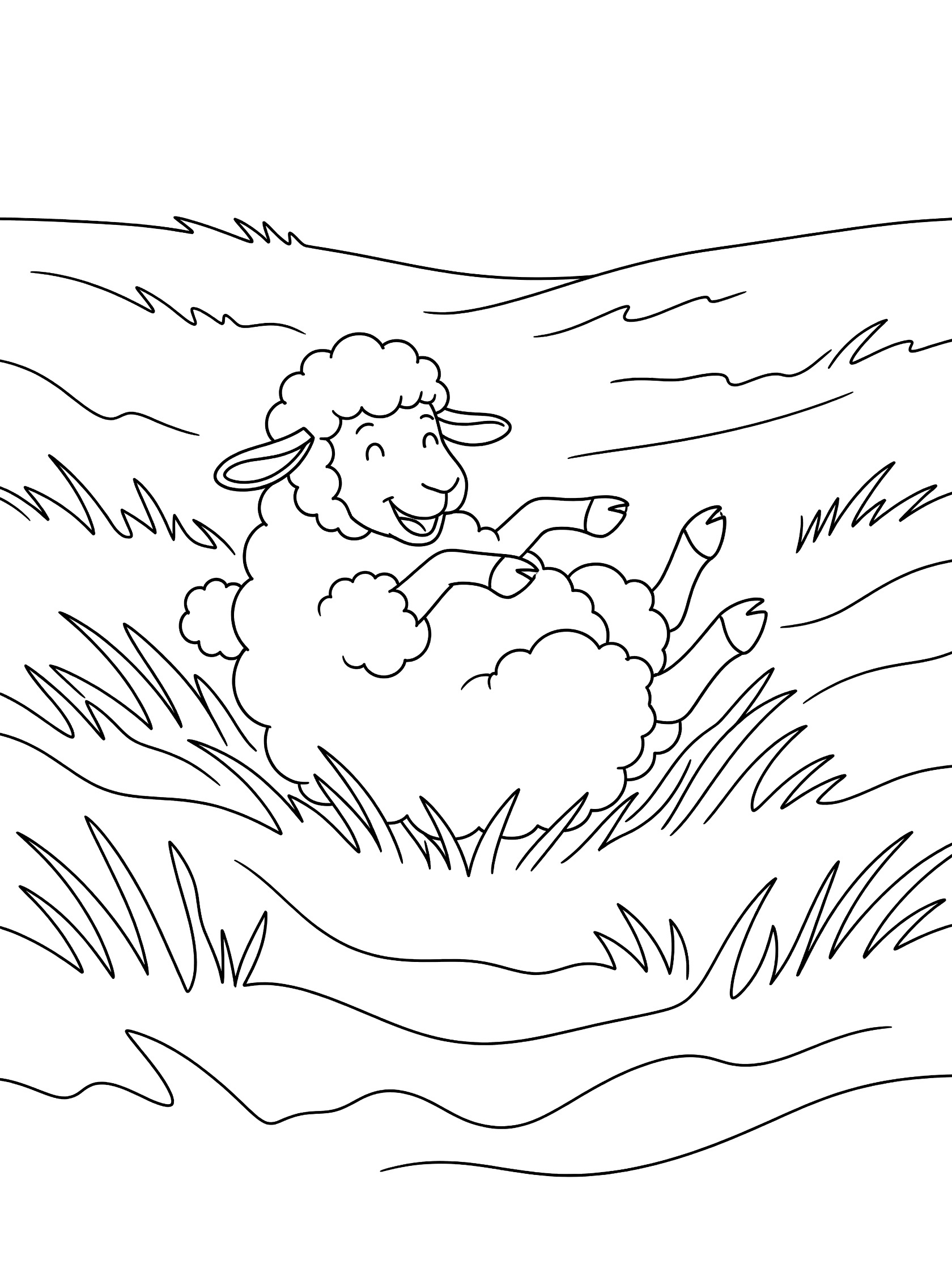 Black and white line art coloring page showing a fluffy sheep rolling happily on its back surrounded by wavy grass lines.