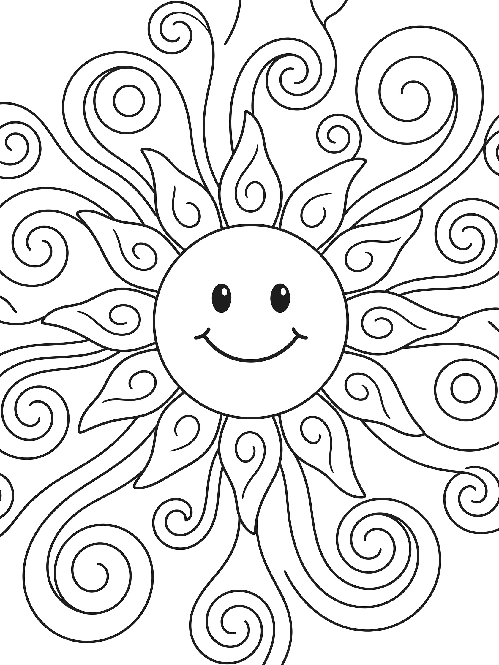 Black and white printable coloring page of a central happy smiling sun face with big eyes and smile, surrounded by swirling spiral rays and curly loop patterns.