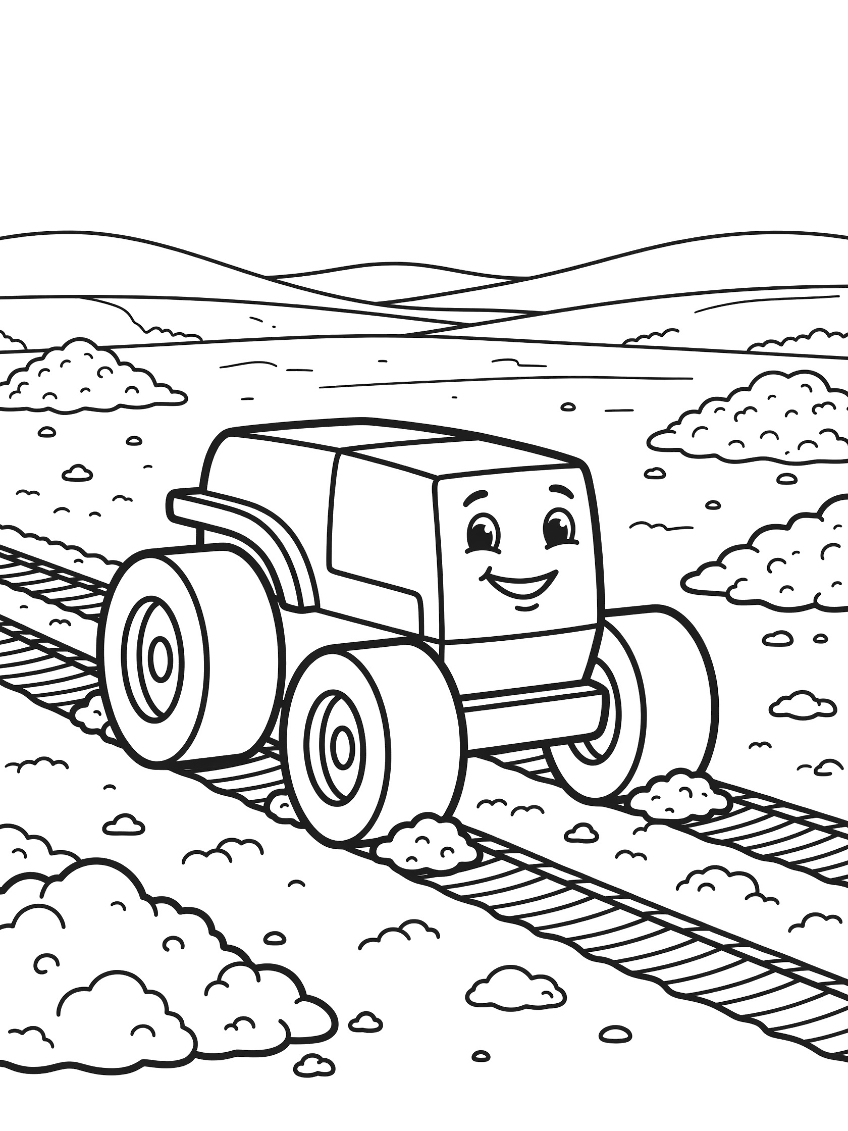 Whimsical line art coloring page showing a friendly soil compactor with big smooth wheels pressing dirt clods on a wide field, tracks visible behind it