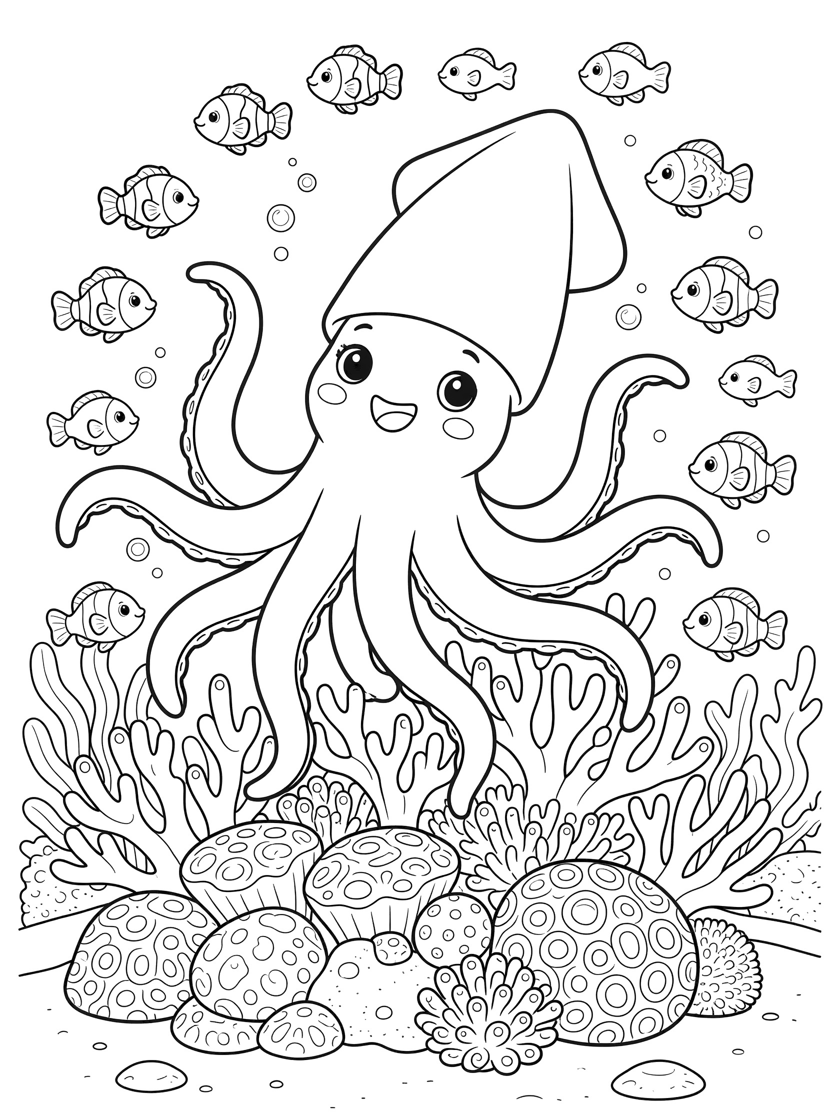 Black and white line art coloring page showing a cute happy squid with big eyes, eight tentacles, surrounded by small fish, bubbles, seaweed, and coral on white background.