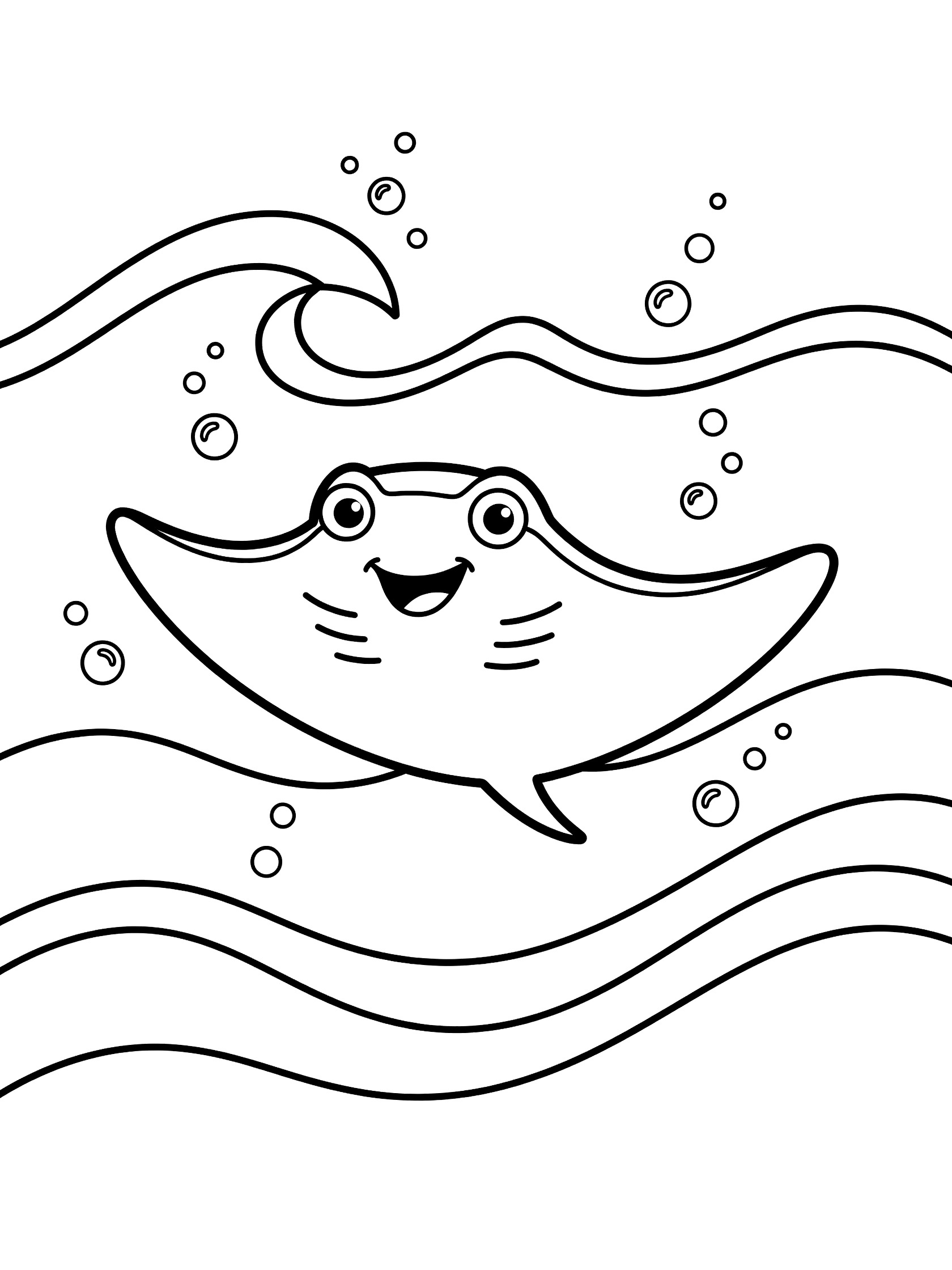 Cute cartoon stingray with happy smile and big eyes swimming in ocean waves with bubbles, black and white line art coloring page. Manta Ray themed black and white printable line art