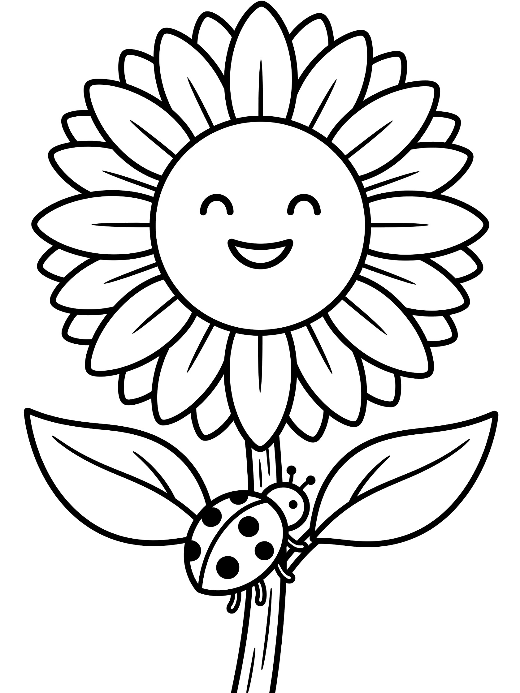 Black and white line art coloring page showing a happy-faced sunflower with broad petals, a ladybug with spots on the stem, and two leaves.