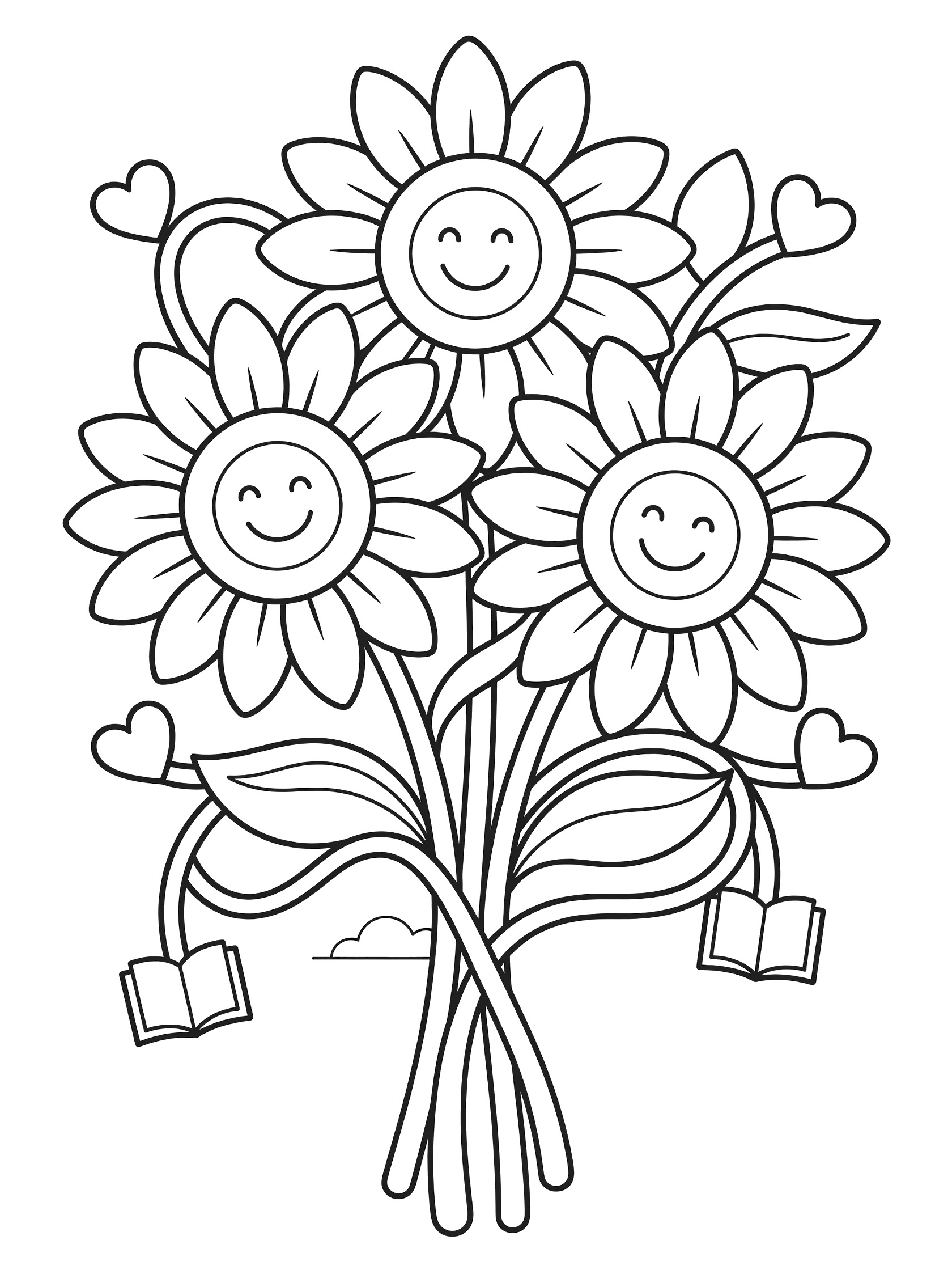Black and white coloring page showing three smiling sunflowers in a bouquet with stems, leaves, hearts, two open books at the bottom, and a small cloud.