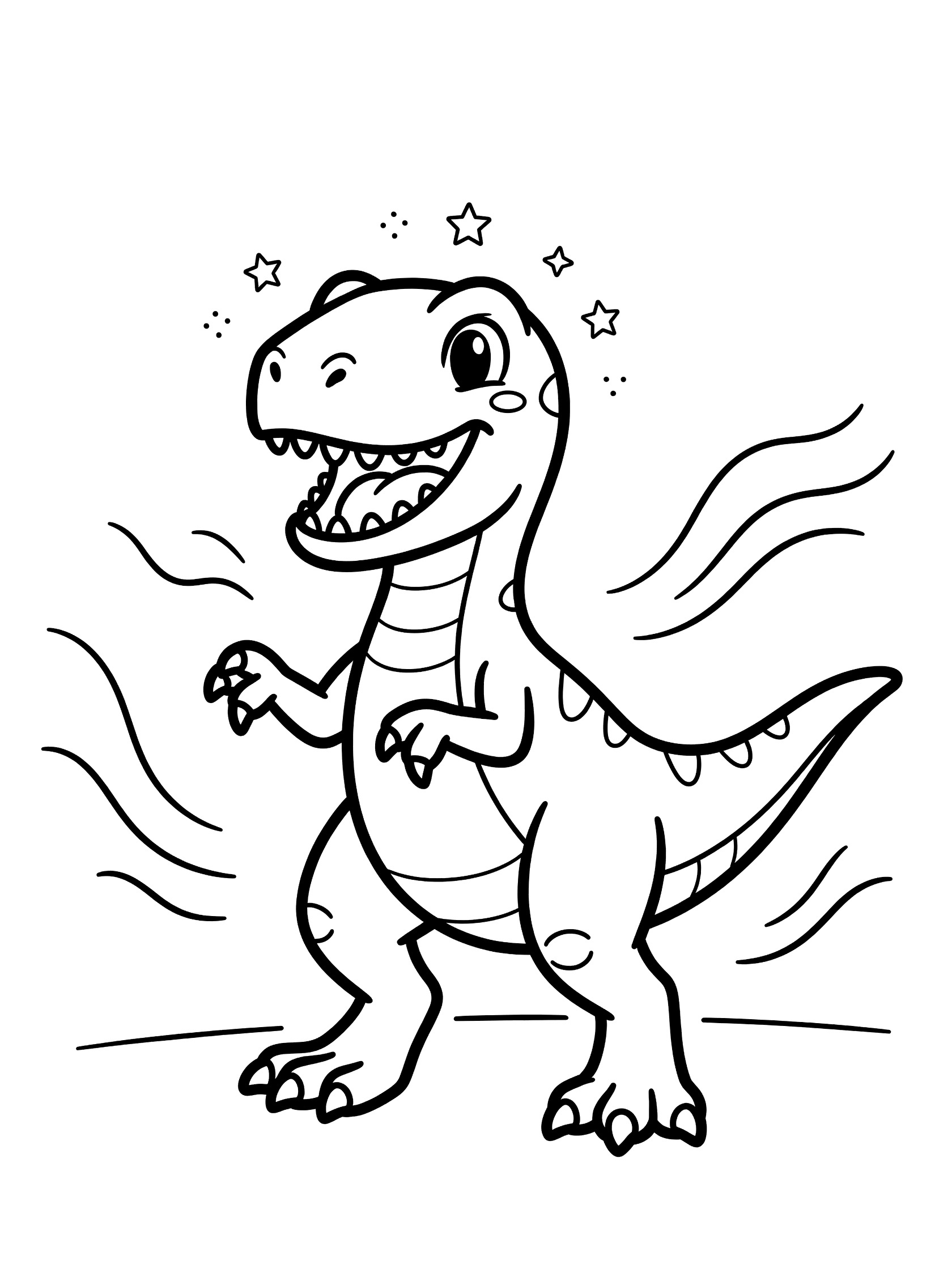Cute kawaii T-Rex dinosaur coloring page with open mouth roar, happy eyes, stars around head, wavy sound lines, thick black outlines on white background. Indoraptor themed black and white printable line art