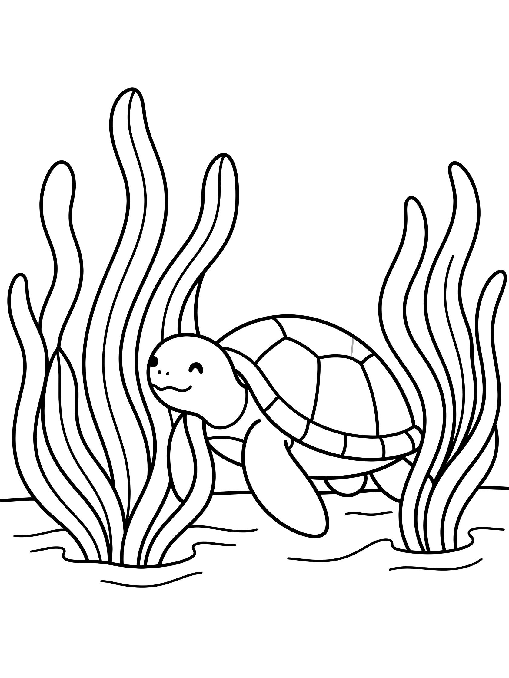 Black and white line art coloring page showing a smiling turtle with shell peeking from tall seaweed over wavy water lines. Sea Turtle themed black and white printable line art
