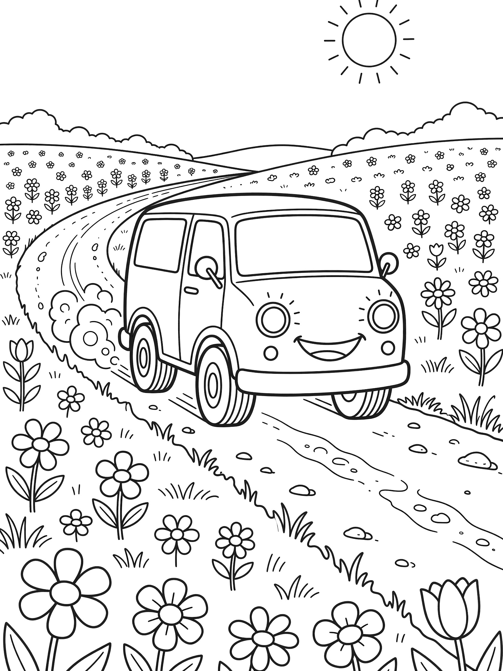 Black and white line art coloring page showing a happy faced van driving fast on a bumpy road surrounded by wildflowers, hills, and a bright sun. Vans themed black and white printable line art