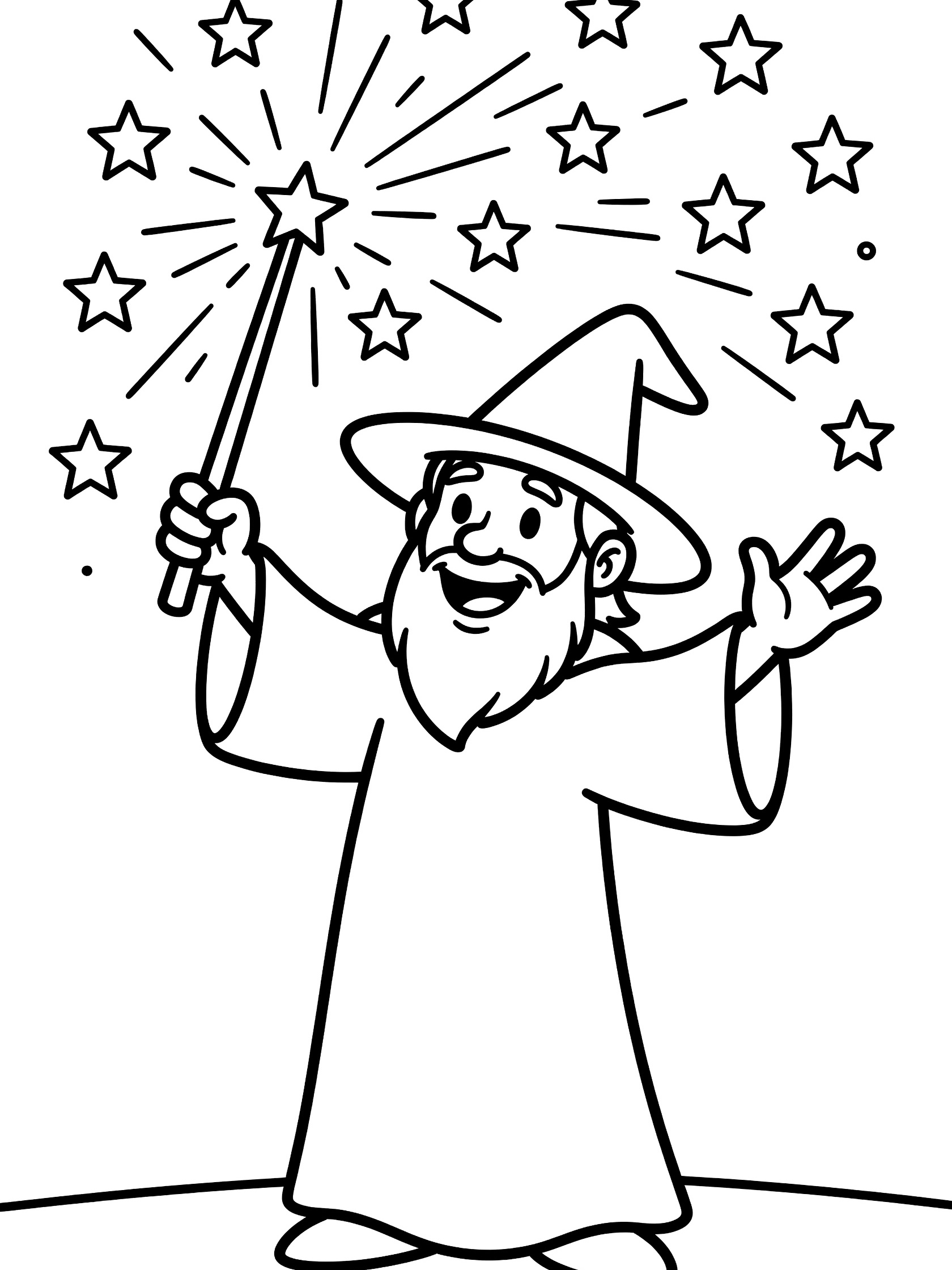 Black and white line art coloring page showing a smiling wizard with beard, tall pointed hat, robe, holding wand with burst of stars above. Magic Wand themed black and white printable line art