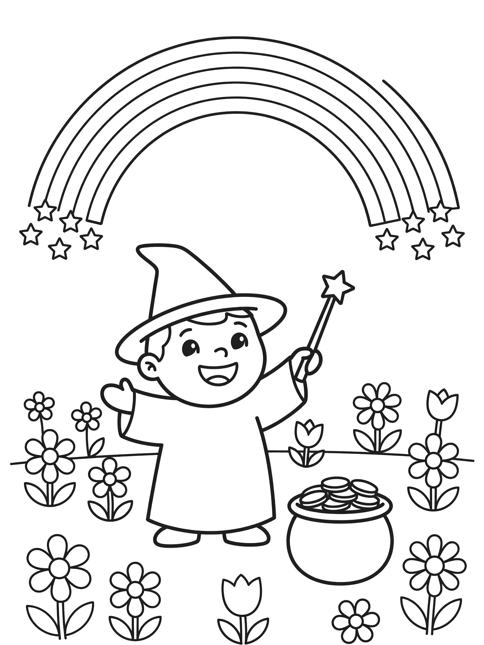 Black and white line art coloring page showing a smiling wizard in hat and robe waving a starred wand at a large arched rainbow with stars at ends, pot of gold with coins nearby, and simple flowers in a meadow. Wizards themed black and white printable line art