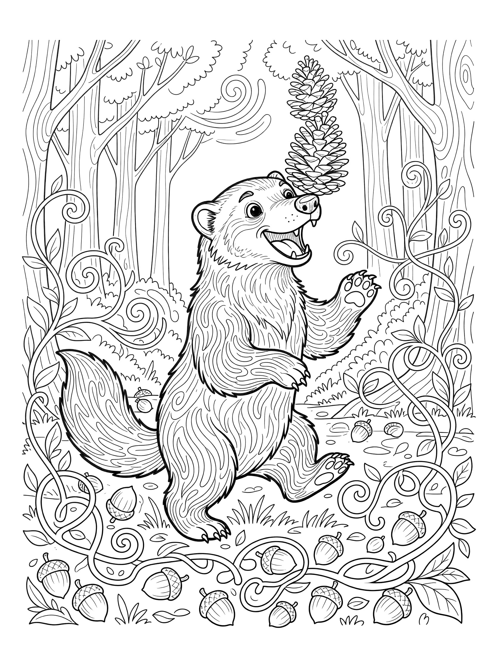 Black and white line art coloring page showing a smiling wolverine with a pine cone on its nose, surrounded by swirling vines, acorns, and forest trees.