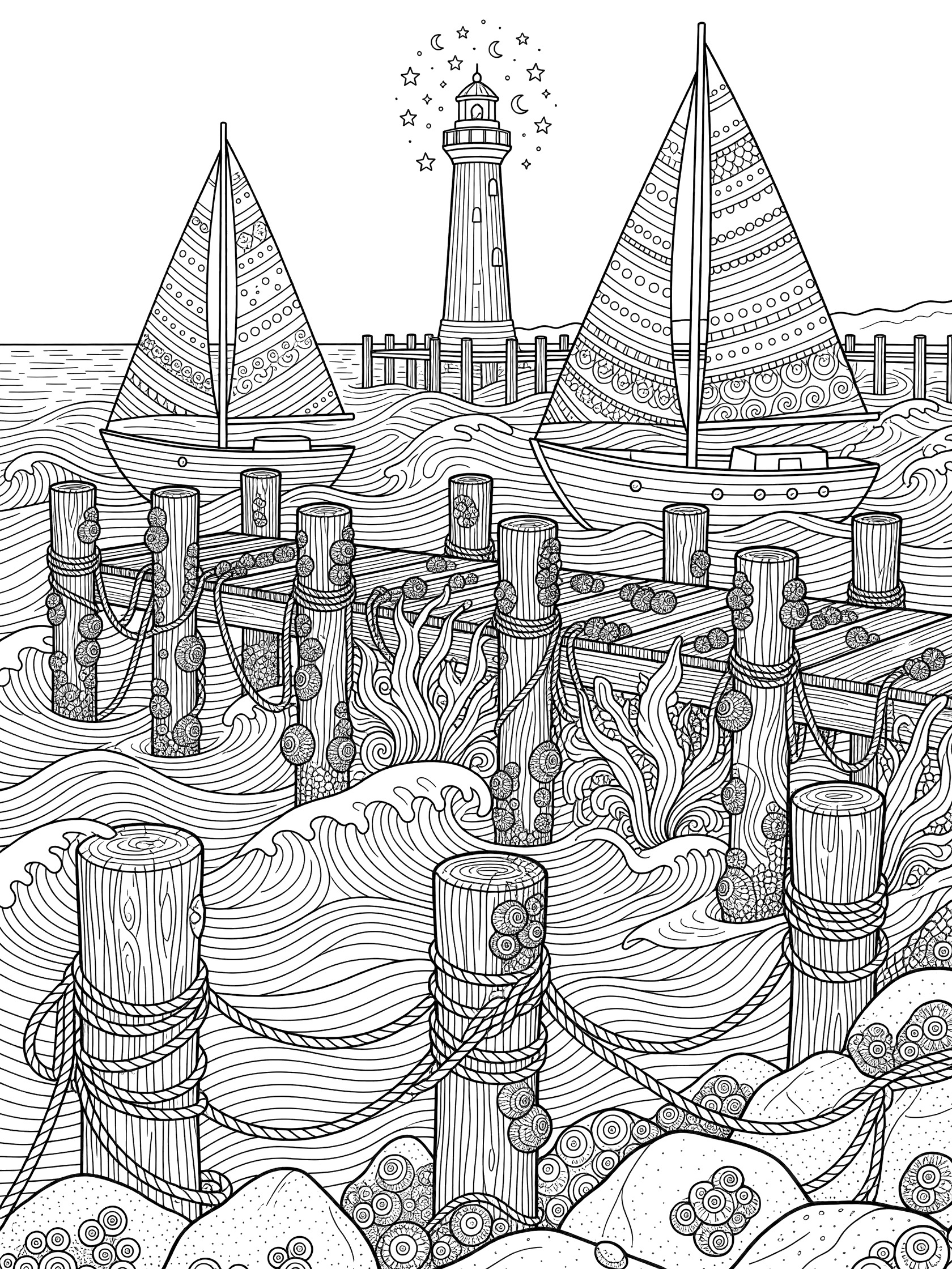 Intricate line art coloring page of harbor jetties extending into waves, with sailboats, lighthouse, rocks, pilings, ropes, and dense zentangle patterns.