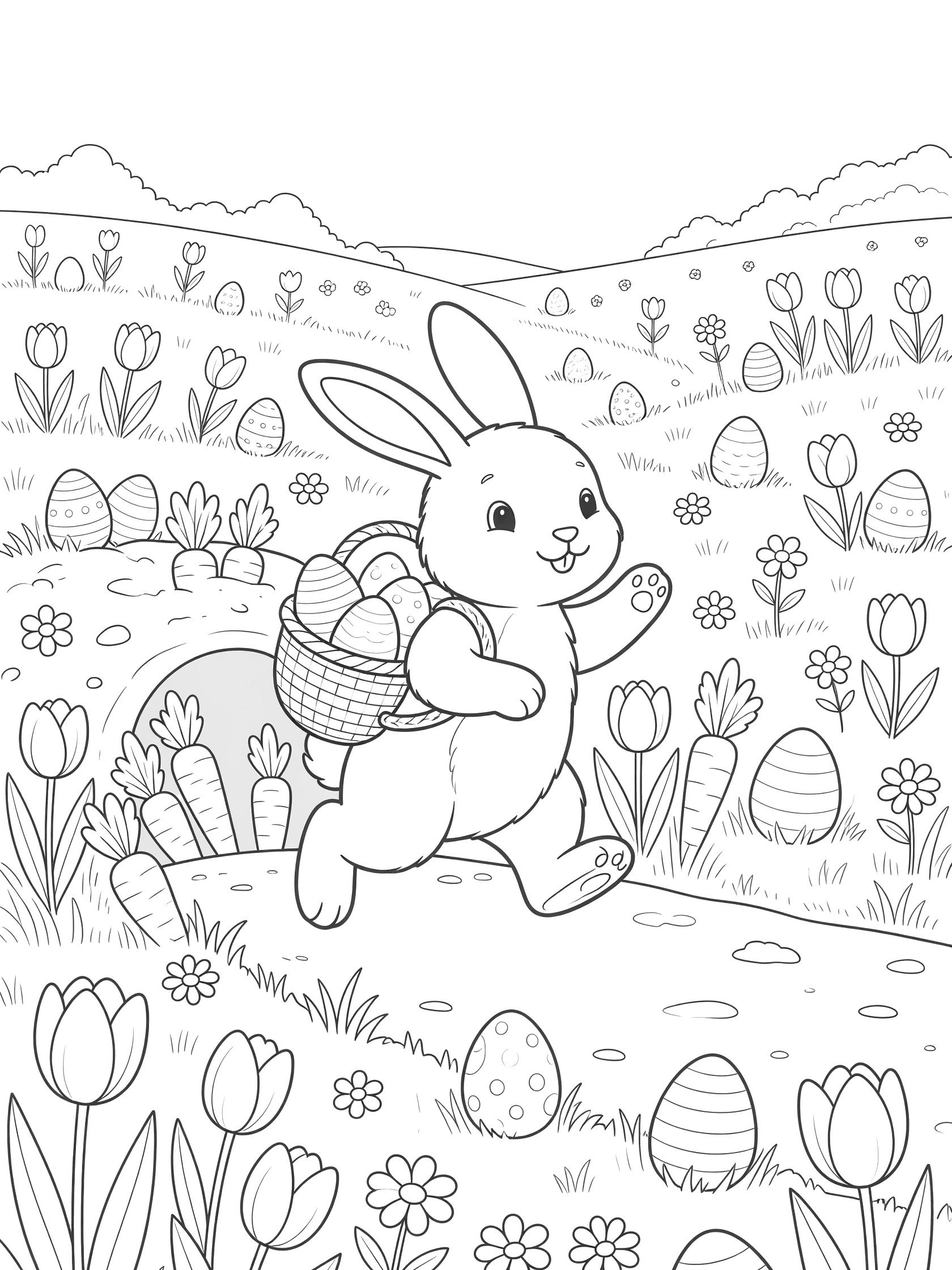 Black and white line art of an Easter bunny hopping forward with a basket of eggs on its back, waving from a burrow with carrots, surrounded by tulips and hidden eggs in a spring meadow.