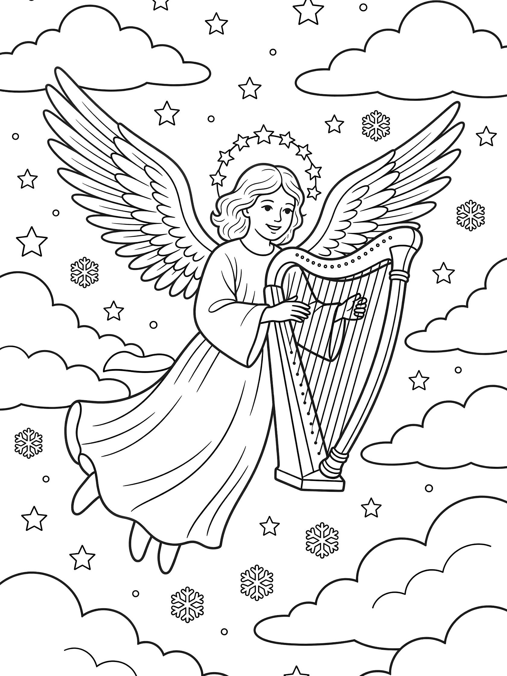 Black and white coloring page of a smiling angel with large feathered wings, starry halo, and flowing robes playing a harp, floating in a night sky with stars, clouds, and snowflakes.